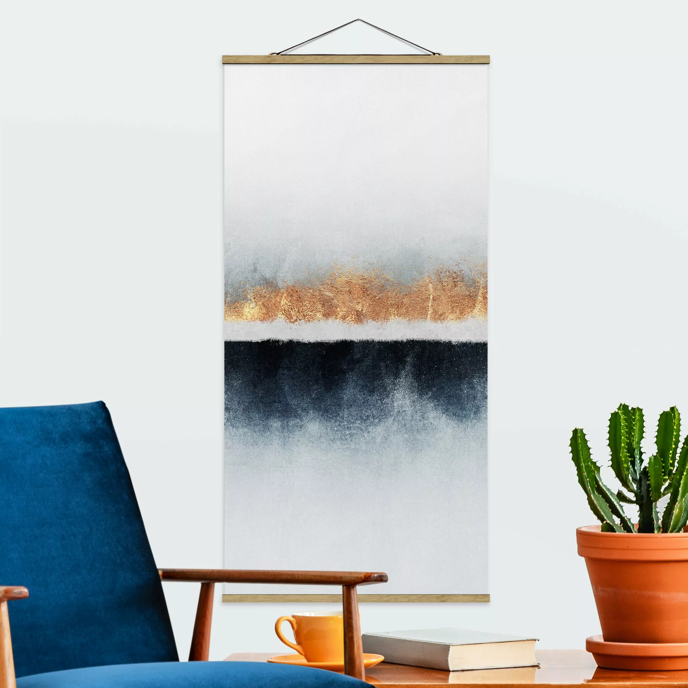 Stoffbild Abstrakt mit Posterleisten - Hochformat Goldener Horizont Aquarel günstig online kaufen