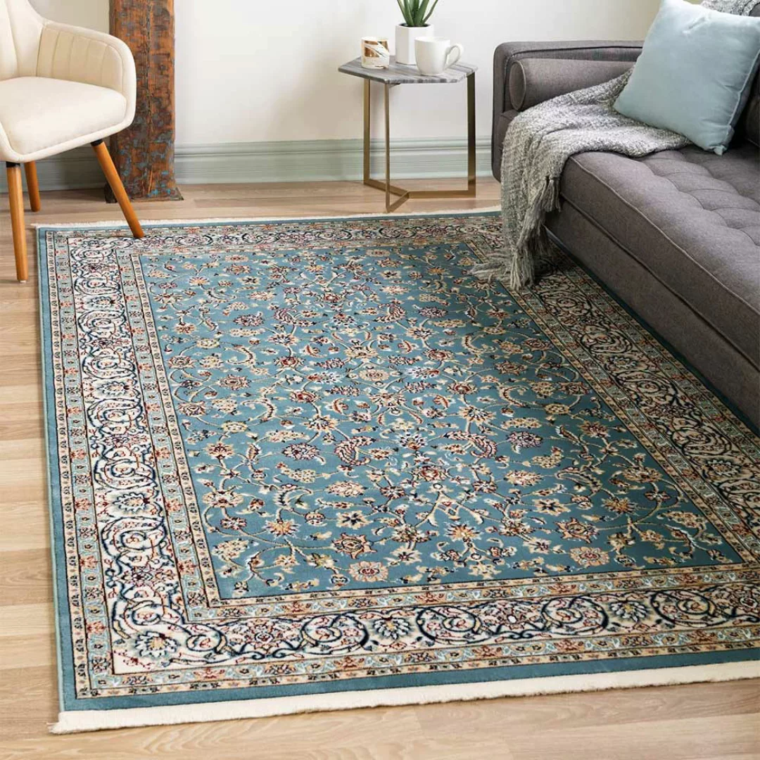 Rechteckiger Kurzflor Teppich mit orientalischem Muster Blau und Cremefarbe günstig online kaufen