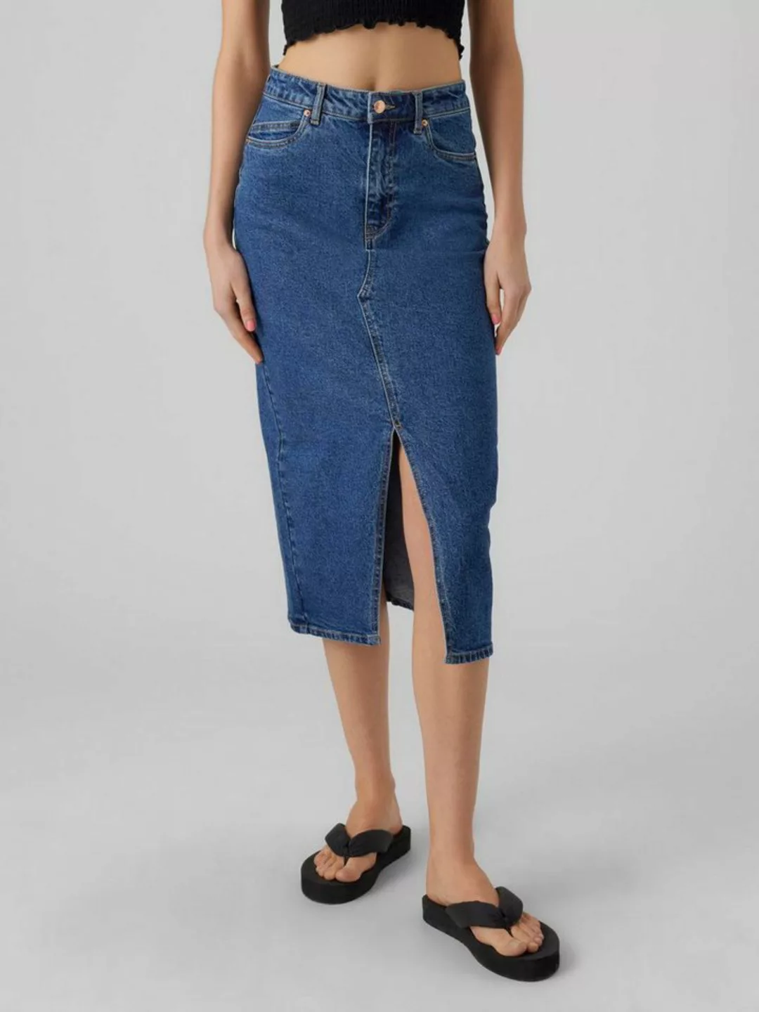 Vero Moda Sommerrock Wadenlanger Denim Jeansrock mit Schlitz 5-Pocket 7521 günstig online kaufen