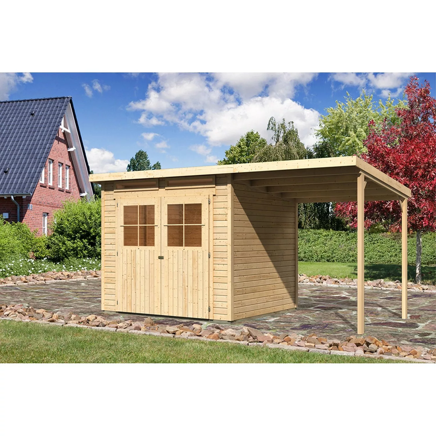 Karibu Holz-Gartenhaus Genf 4 Natur BxT: 426 cm x 213 cm günstig online kaufen