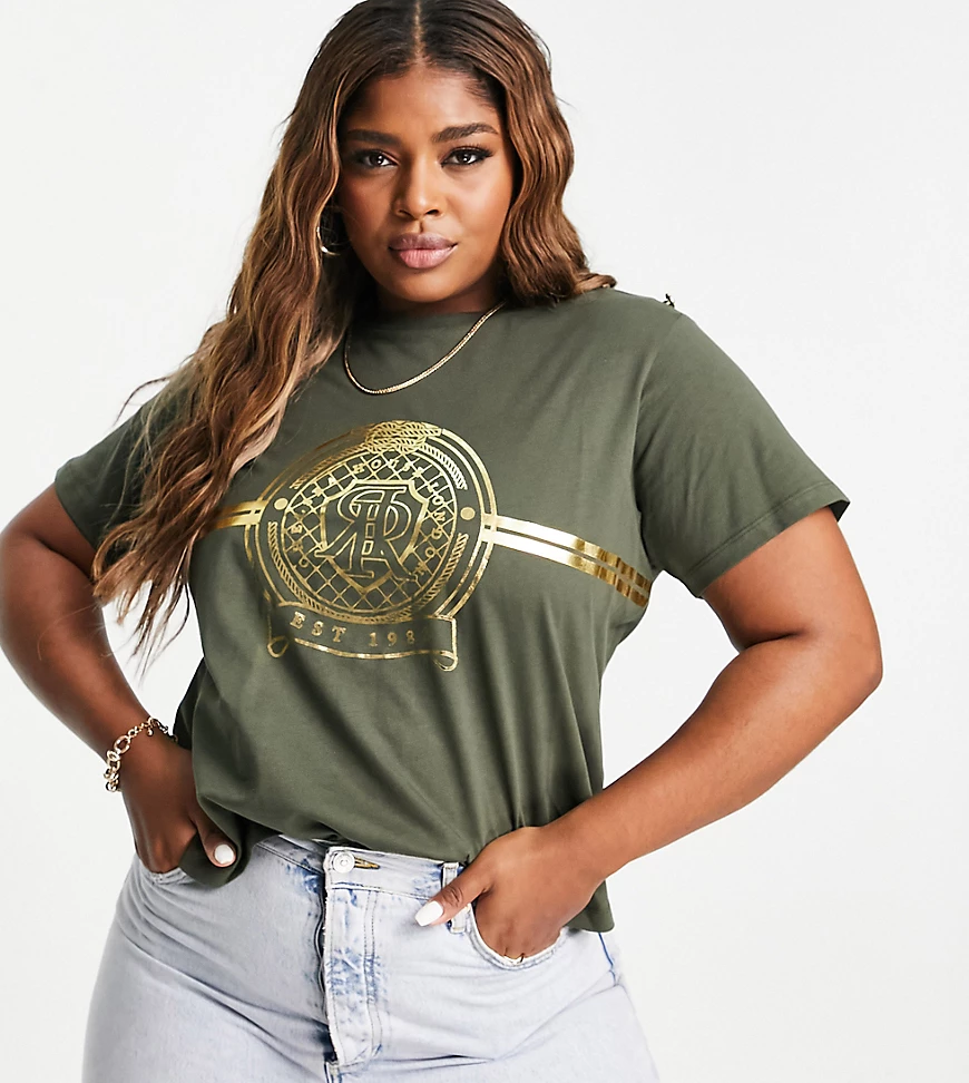 River Island Plus – T-Shirt in Khaki mit Knopfdetail an der Schulter und RR günstig online kaufen