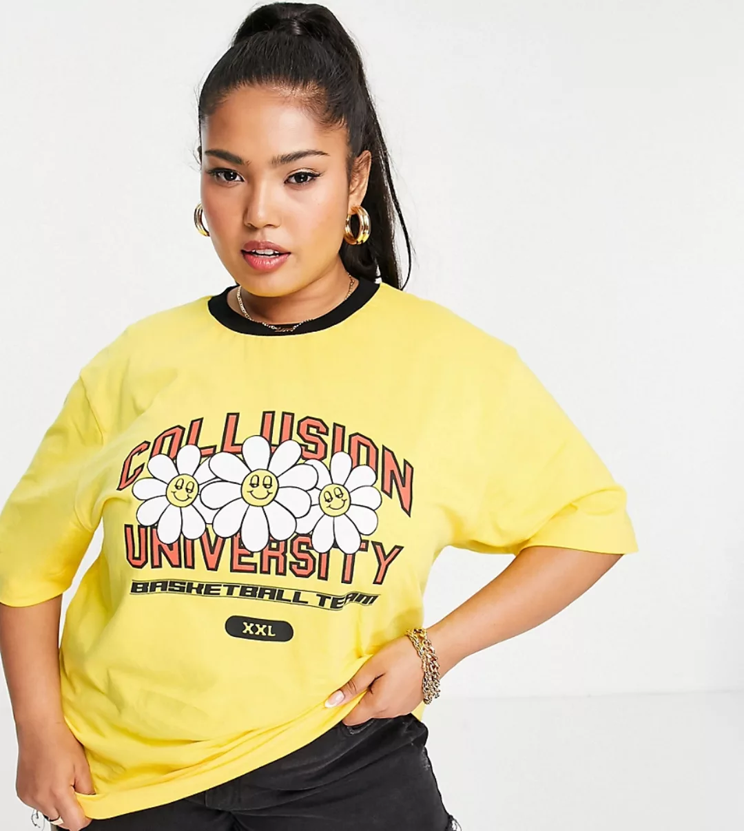 COLLUSION Plus – Ringer-T-Shirt in Gelb mit College-Motiv günstig online kaufen