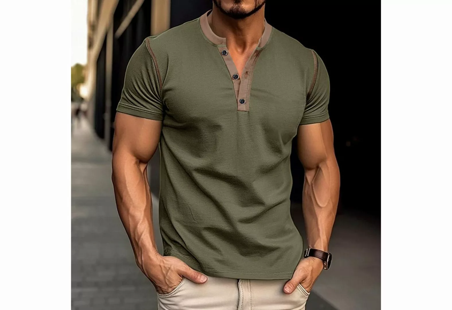 KIKI T-Shirt Einfarbiges Kurzarm-T-Shirt für Herren-Henley Shirt -strandshi günstig online kaufen