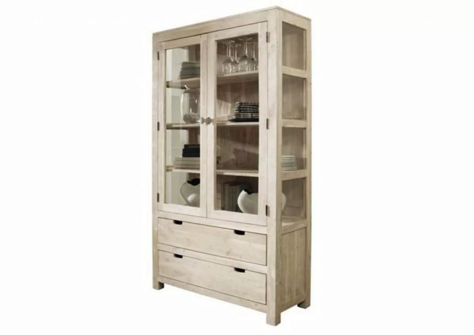 Massivmoebel24 Standvitrine (Vitrine Akazie 110x45x200 white stone getüncht günstig online kaufen