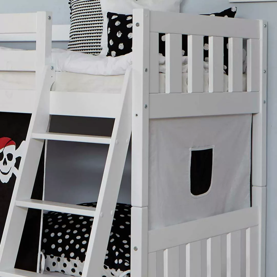 Pirat Etagenbett aus Buche Massivholz in Weiß Vorhang günstig online kaufen