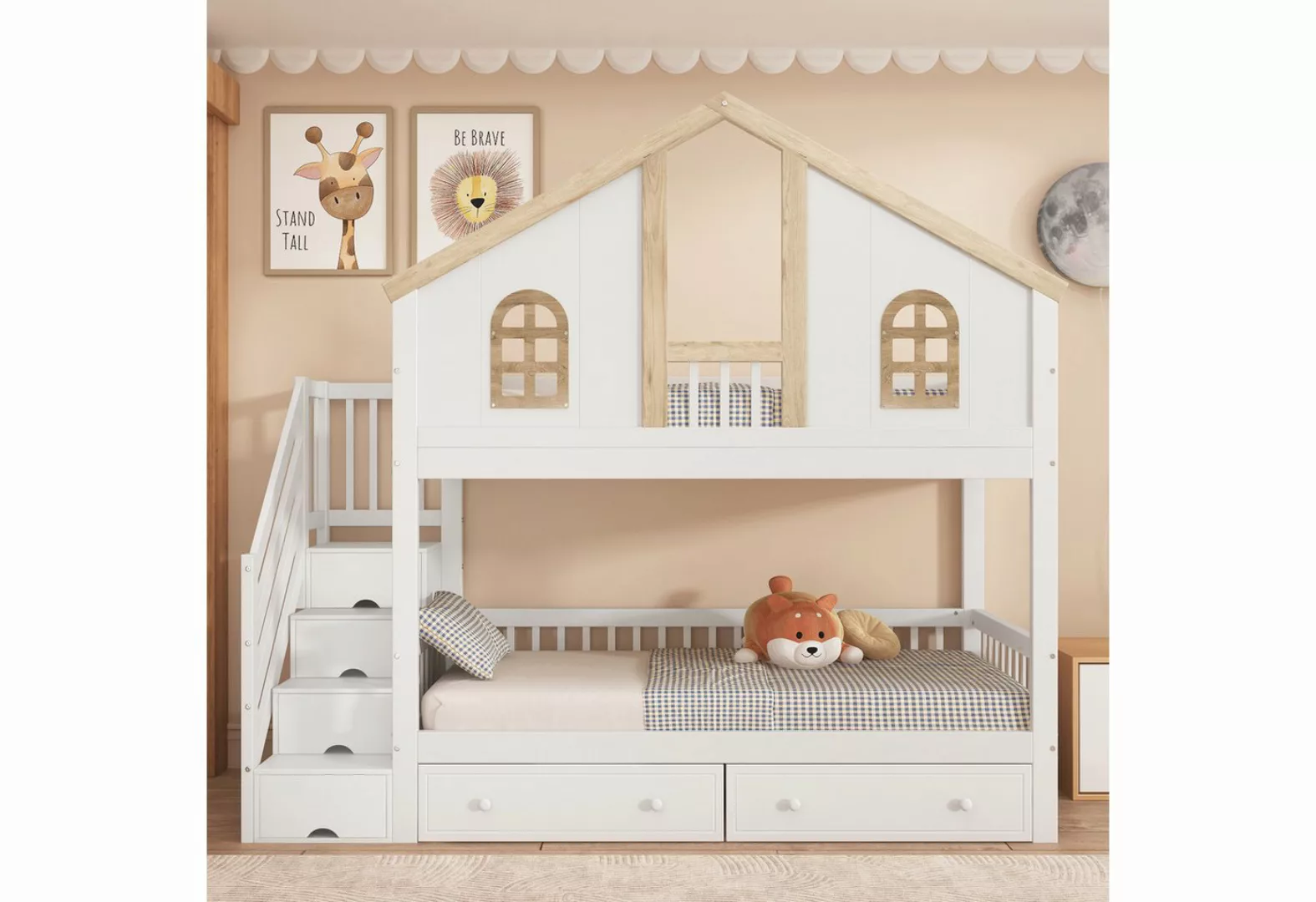 Flieks Etagenbett, Kinderbett Hausdesign 90x200cm mit Stauraumtreppe und 2 günstig online kaufen