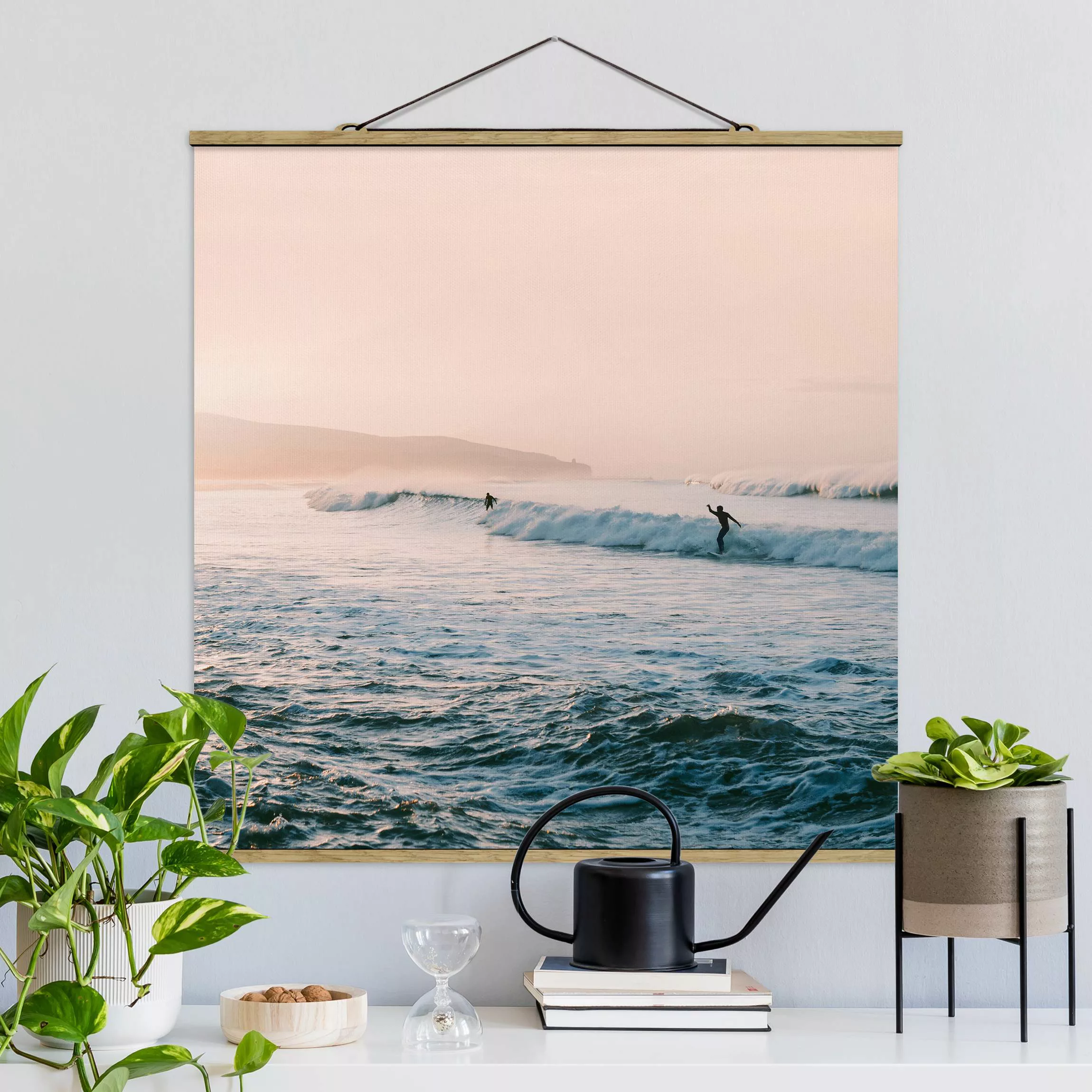 Stoffbild mit Posterleisten Surfsession im Abendrot günstig online kaufen