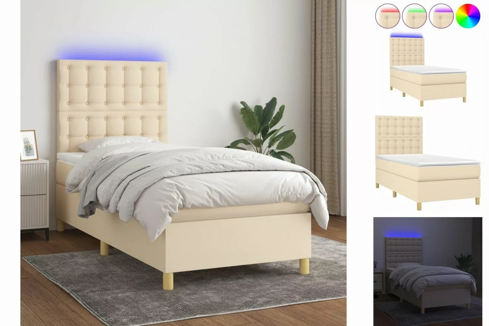 vidaXL Boxspringbett (90 x 200 cm, Knopfheftung Parallel, Creme), mit LED günstig online kaufen