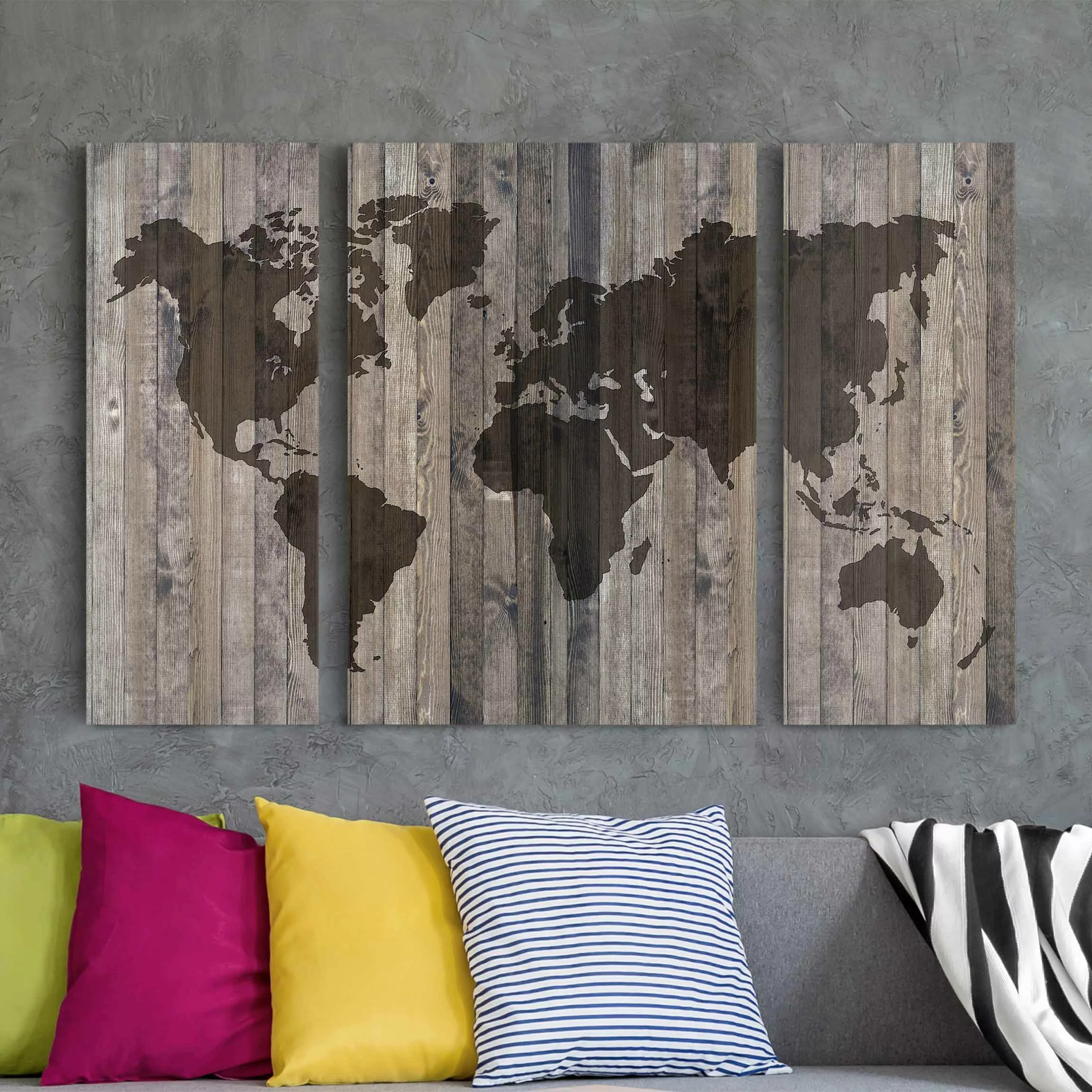 3-teiliges Leinwandbild Weltkarte - Querformat Holz Weltkarte günstig online kaufen