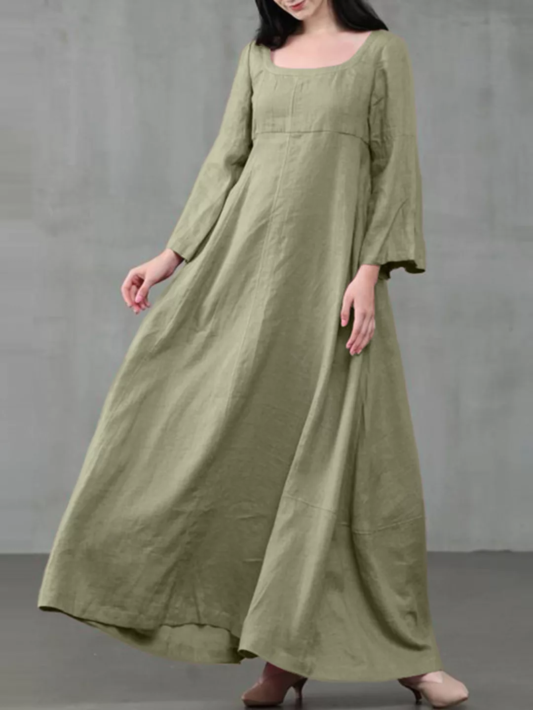 Einfarbige A-Linie Langarm Maxi Cotton Loose Kleid günstig online kaufen