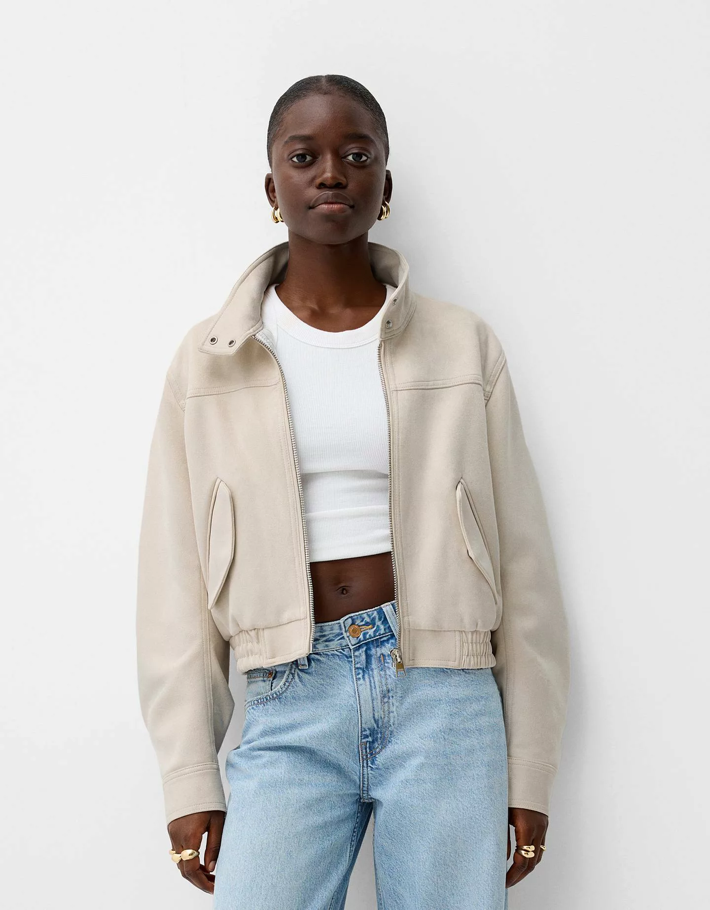 Bershka Jacke Aus Wildlederimitat Damen M Rohweiß günstig online kaufen