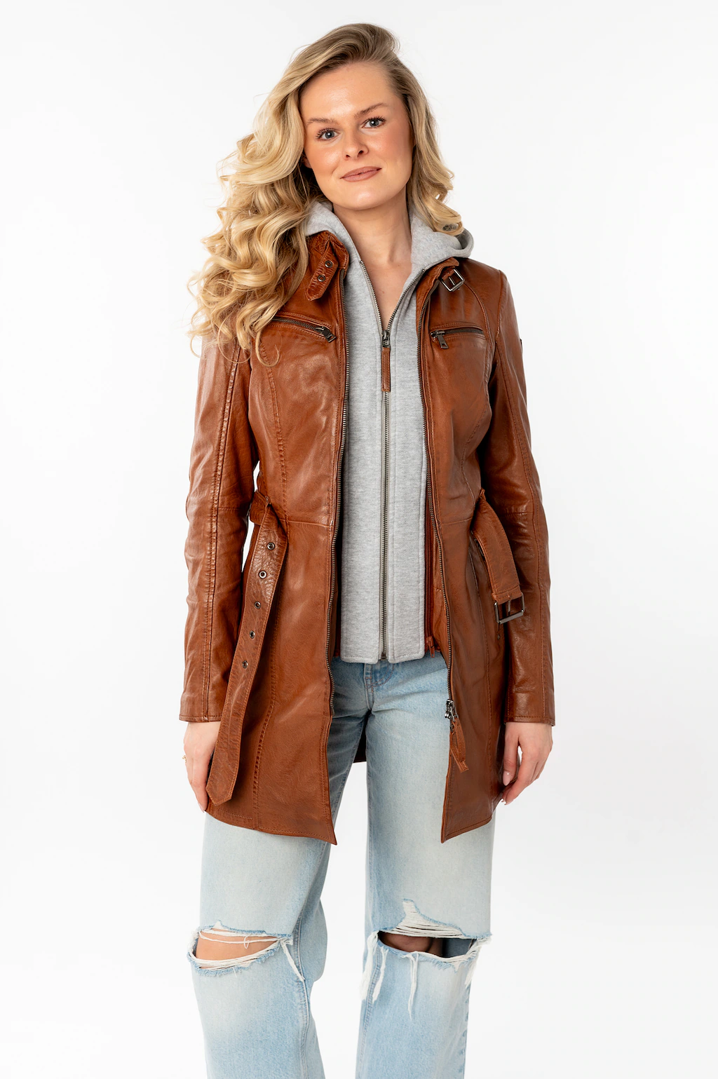 Mauritius Lederjacke, mit Kapuze, (mit Gürtel) lange Lederjacke mit Gürtel günstig online kaufen