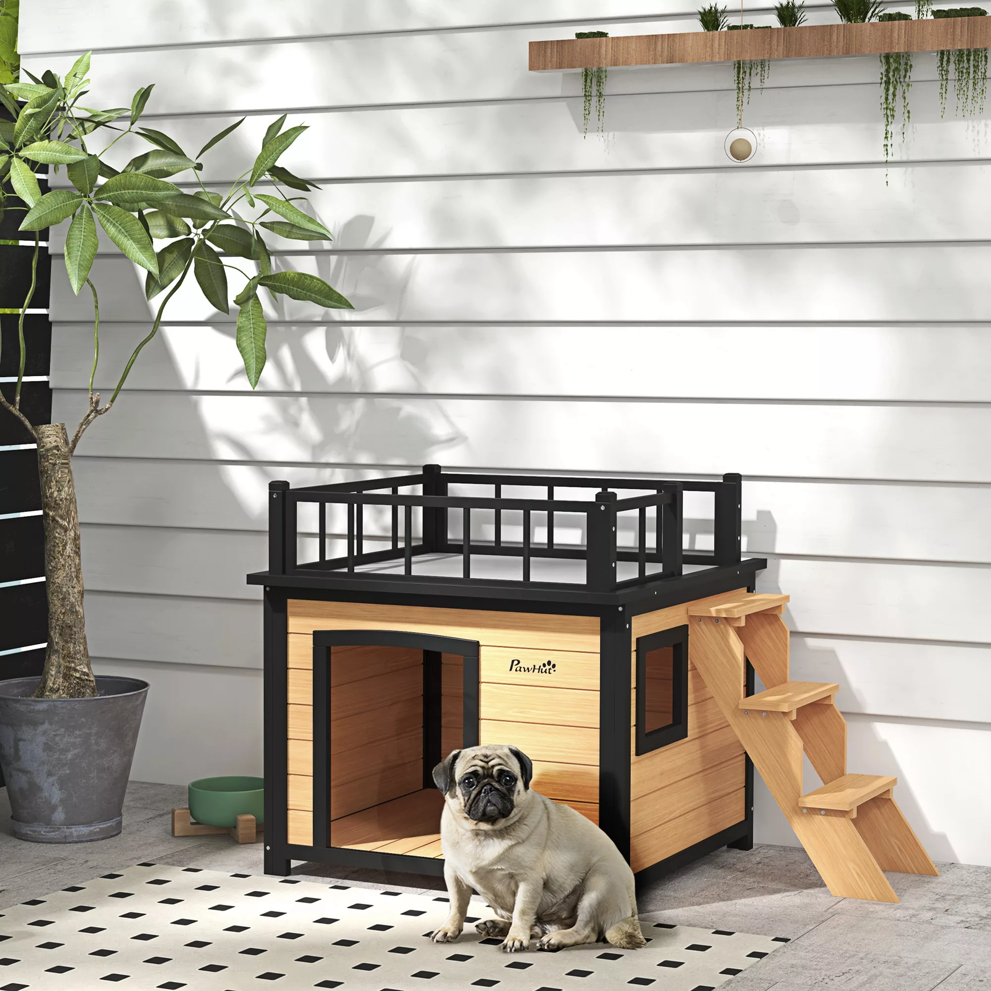 PawHut Hundehütte Hundehaus mit Balkon, Erhöhtes Kleintierhaus mit Treppe, günstig online kaufen