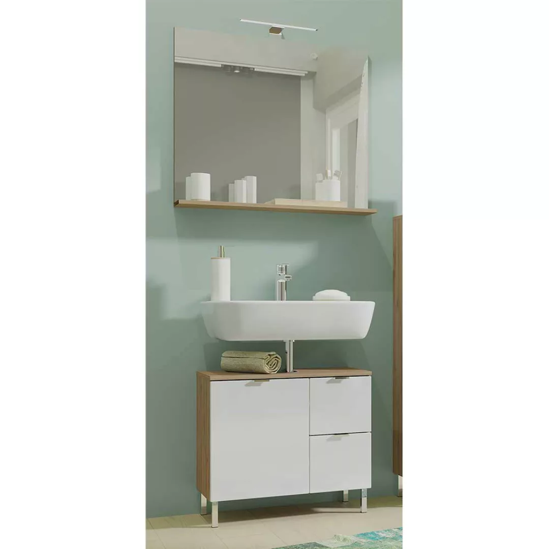 Badezimmermöbel Set in Weiß Hochglanz und Wildeiche Optik LED Beleuchtung ( günstig online kaufen