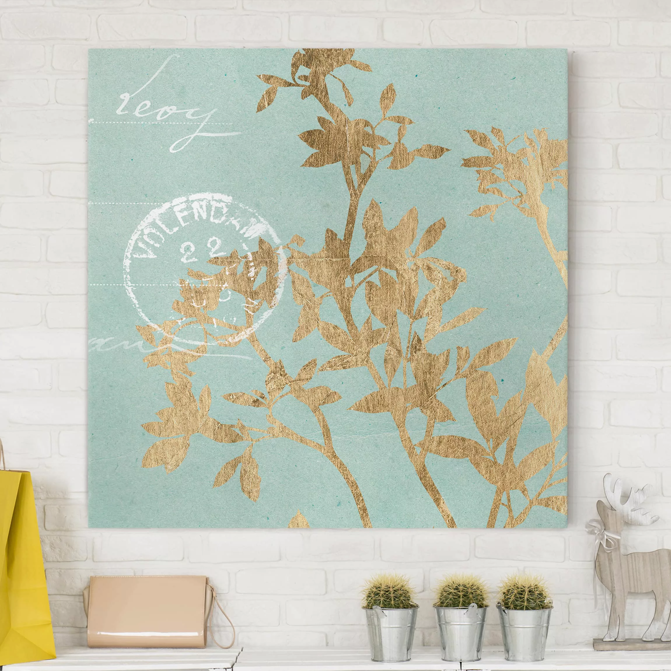 Leinwandbild Spruch - Quadrat Goldene Blätter auf Turquoise II günstig online kaufen