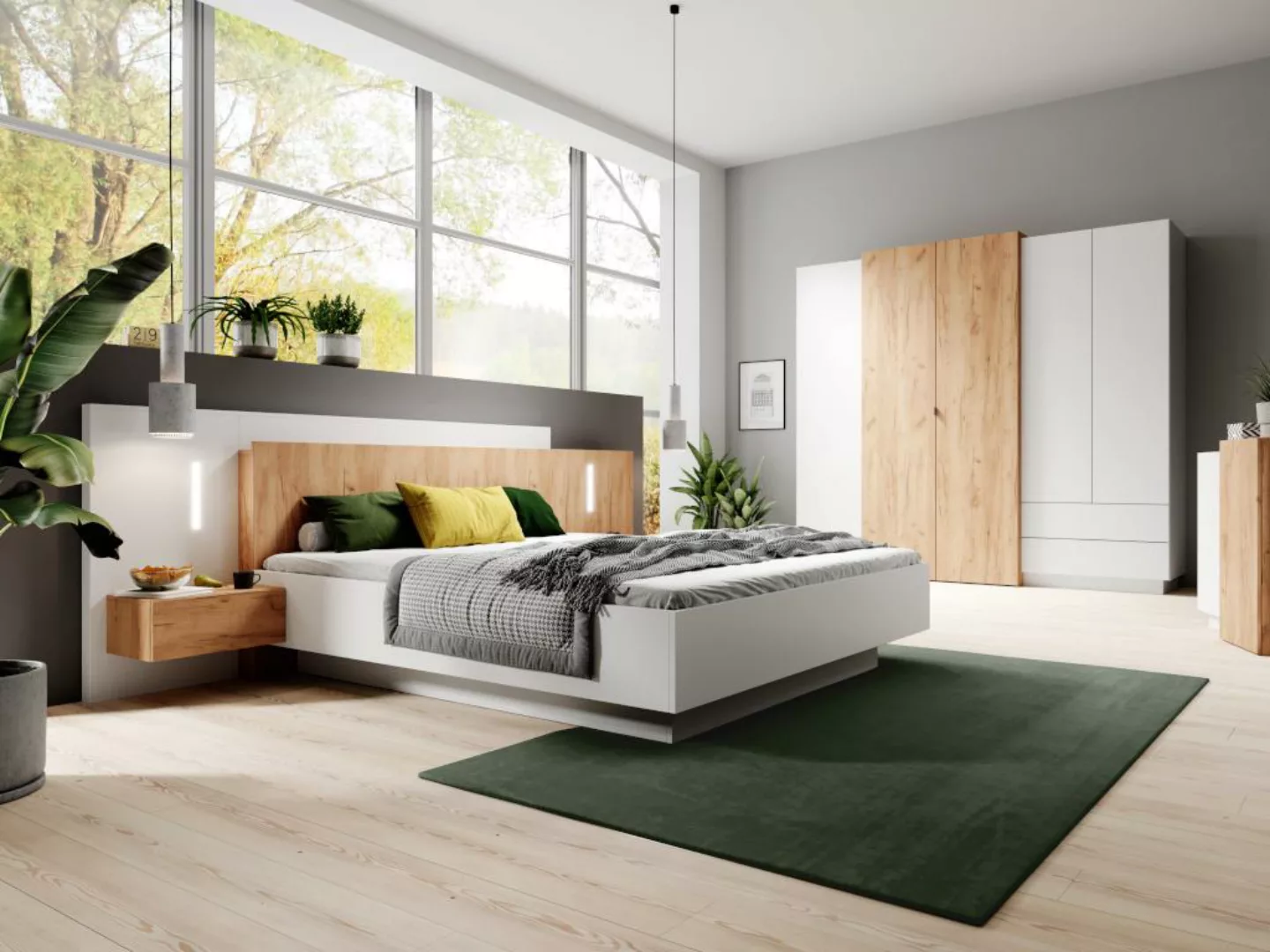Bett mit integrierten Nachttischen - 160 x 200 cm - 2 Schubladen + LEDs - W günstig online kaufen