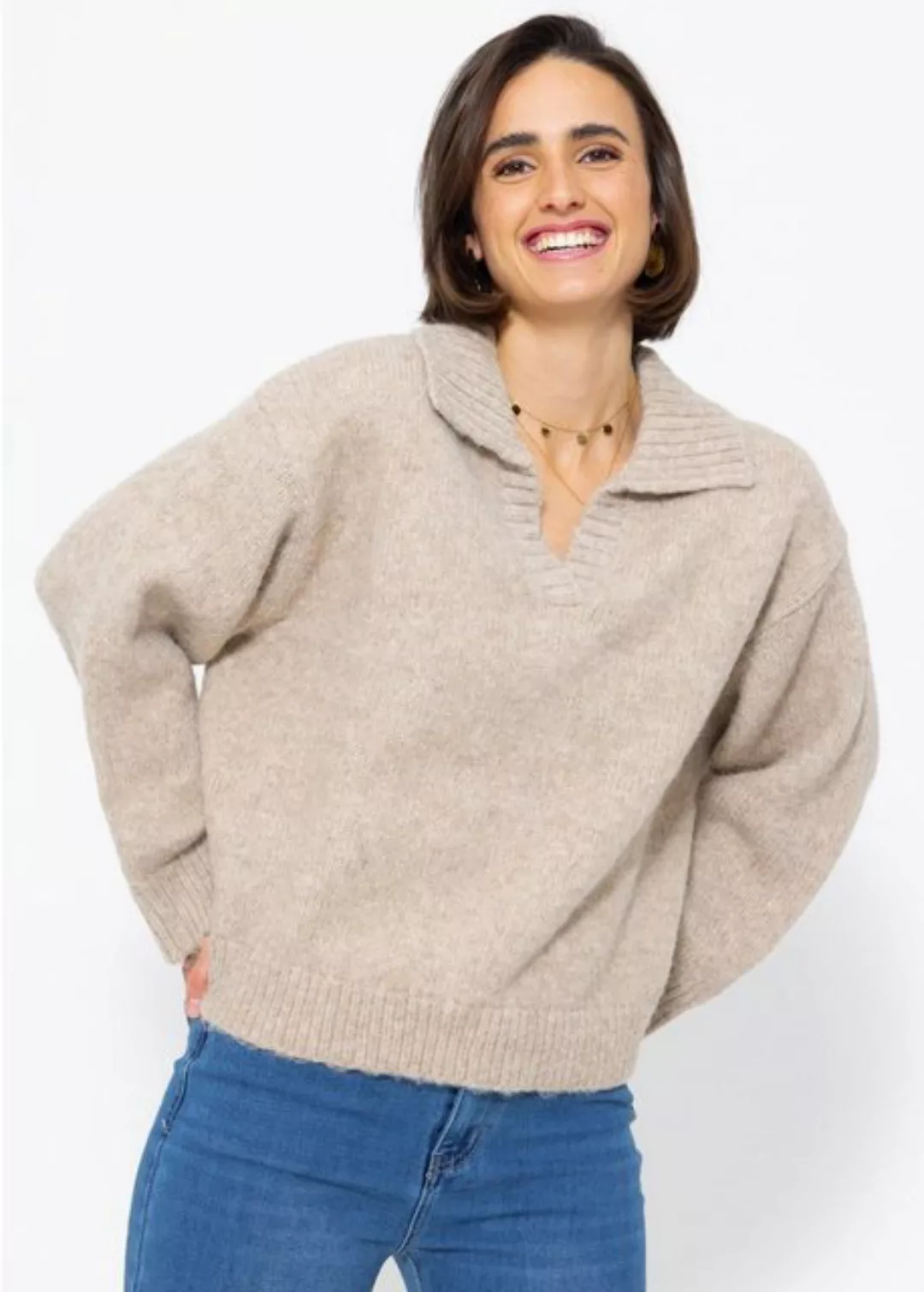 SASSYCLASSY Strickpullover Oversize Pullover mit Kragen und V-Ausschnitt Lä günstig online kaufen