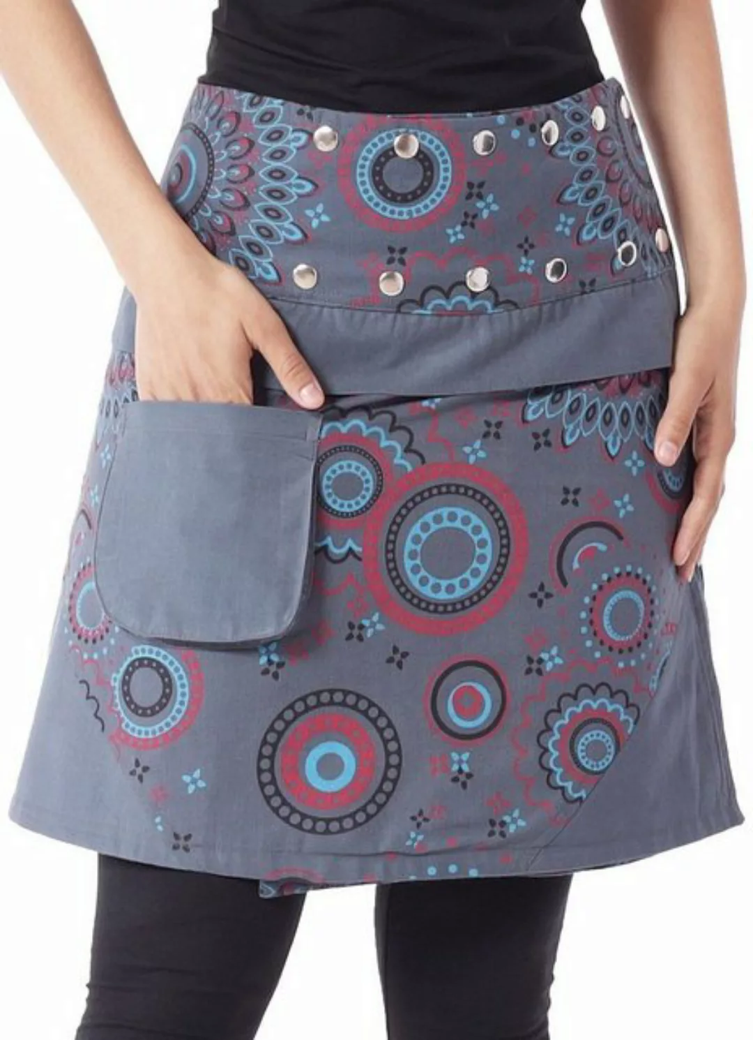 PUREWONDER Wickelrock Damen Rock mit Druckknöpfen und Tasche sk178 Baumwoll günstig online kaufen