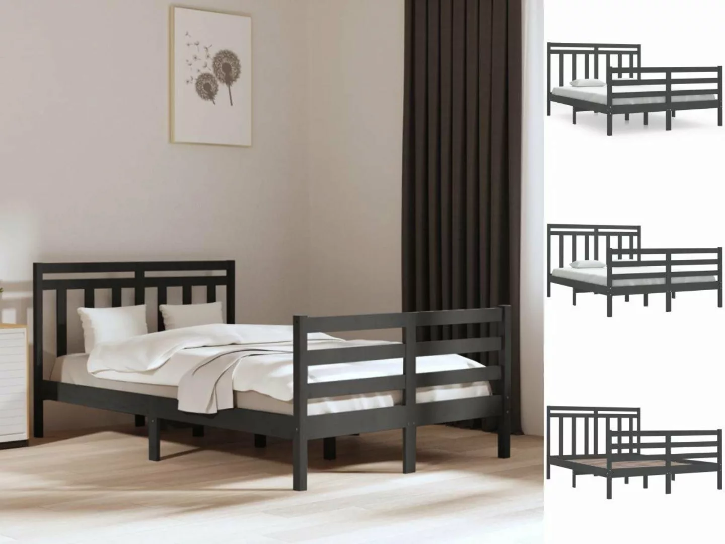 vidaXL Bettgestell Massivholzbett Grau 135x190 cm 4FT6 Doppelbett Bett Bett günstig online kaufen