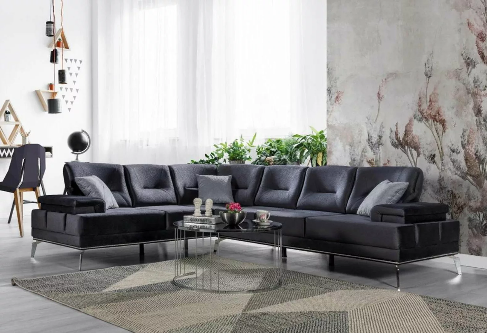 Xlmoebel Ecksofa Moderne Sofagarnitur in Grau mit Edelstahl-Elementen - Des günstig online kaufen