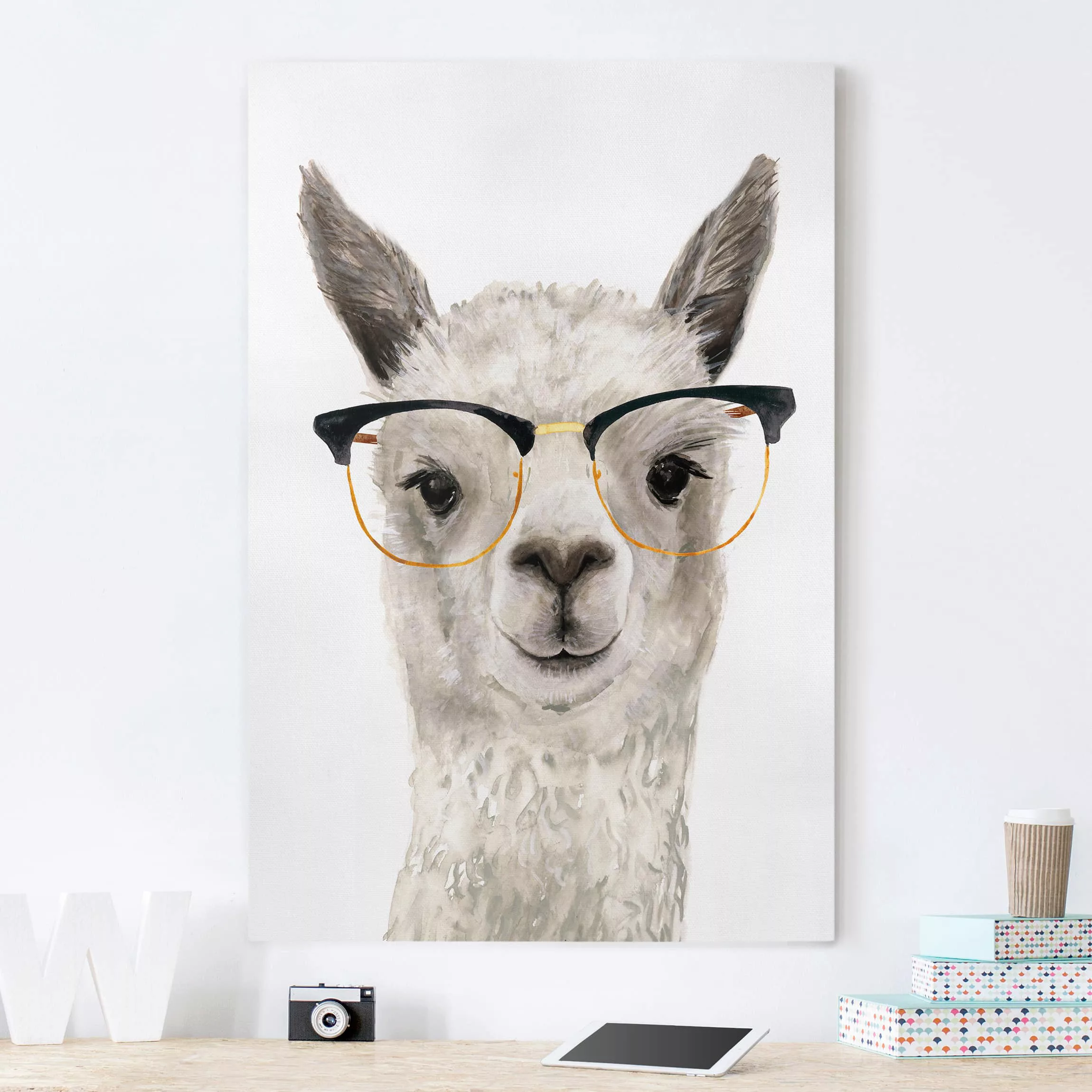 Leinwandbild Kinderzimmer - Hochformat Hippes Lama mit Brille I günstig online kaufen