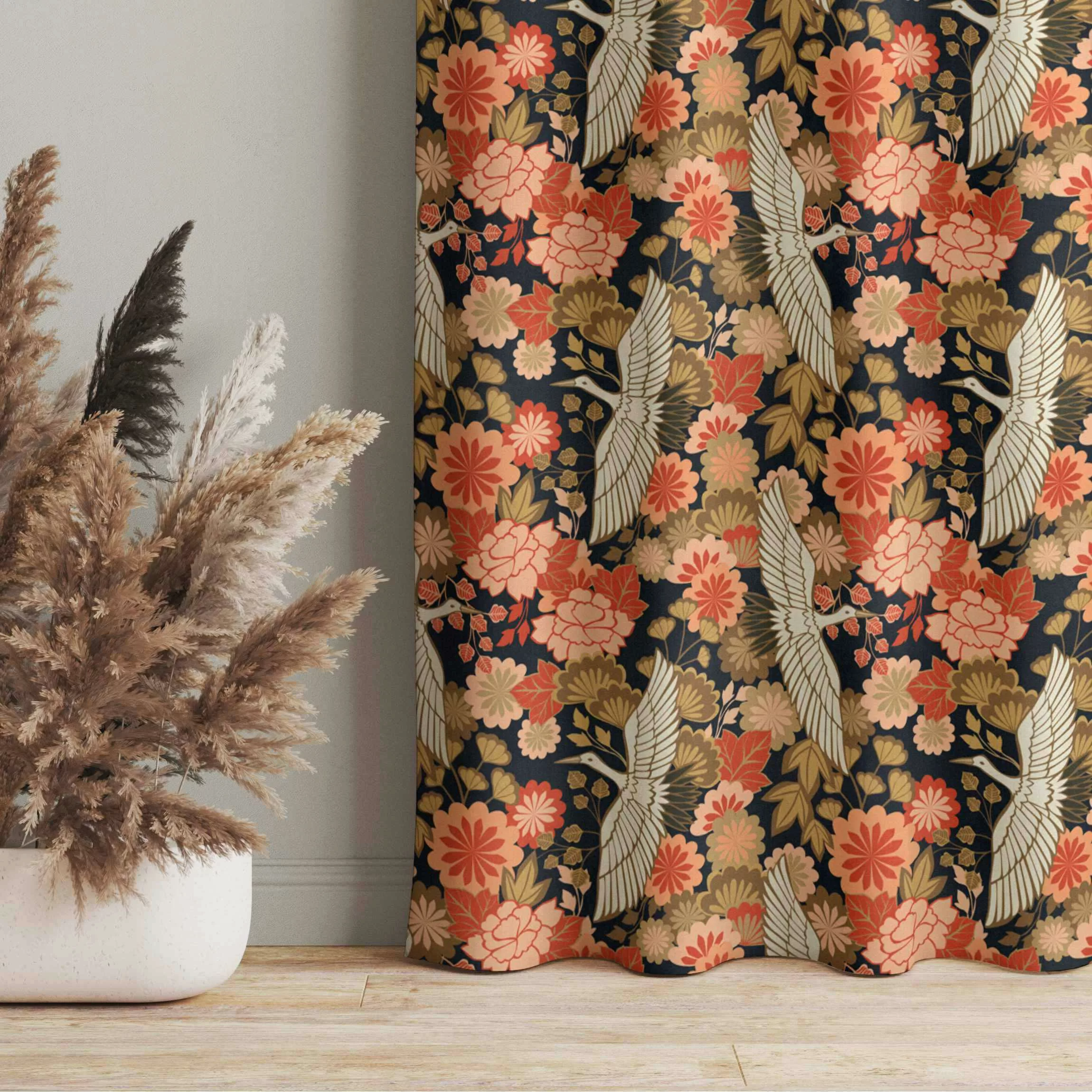 Vorhang Kraniche und Chrysanthemen Schwarz günstig online kaufen