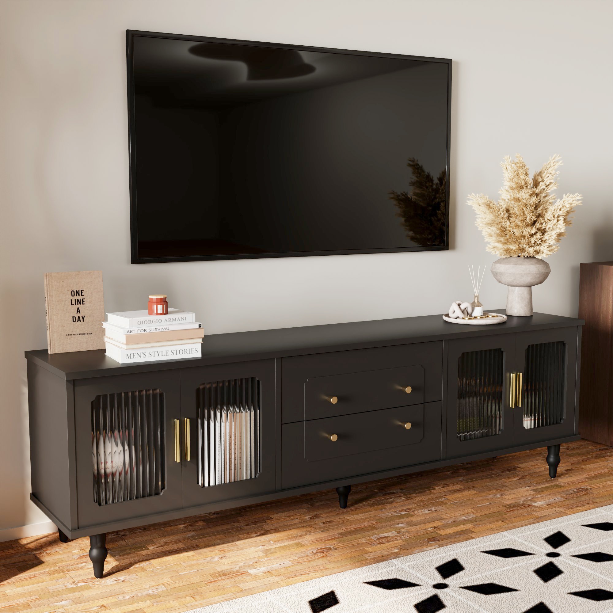 Retro Lowboard TV-Möbel mit Goldgriffen, viel Stauraum, Glastüren und Massi günstig online kaufen