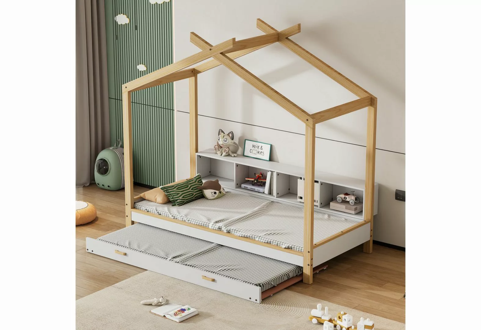 Ulife Kinderbett Hausbett mit vier Fächern Regale,mit ausziehbarem Rollbett günstig online kaufen