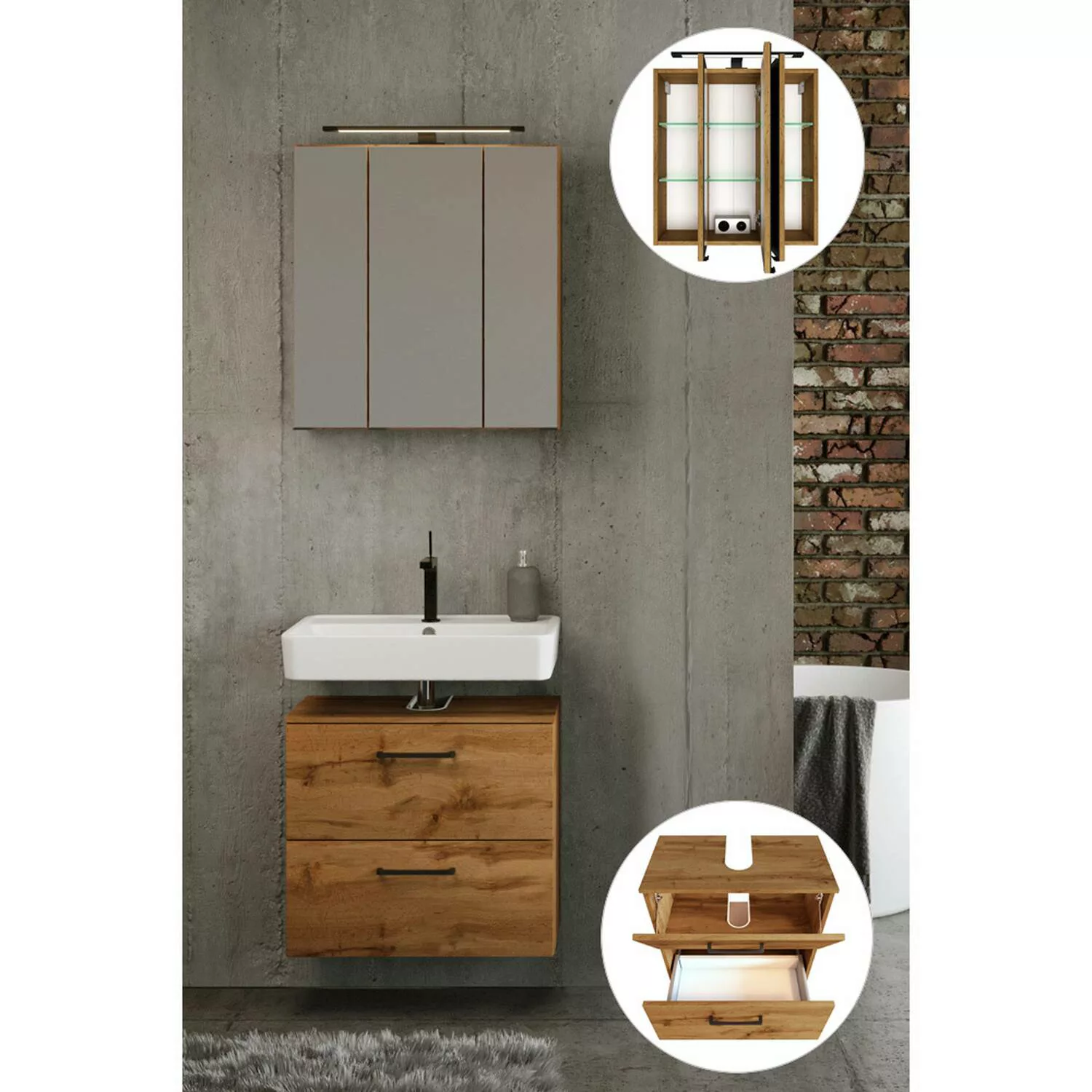 Waschbeckenunterschrank mit Spiegelschrank 60 cm breit in Wotan Eiche, B/H/ günstig online kaufen