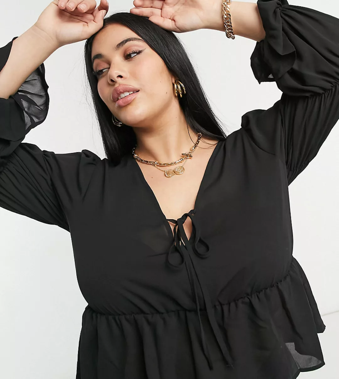 Urban Bliss Plus – Bluse mit gerafften Ärmeln und Bindedetail vorn in Schwa günstig online kaufen