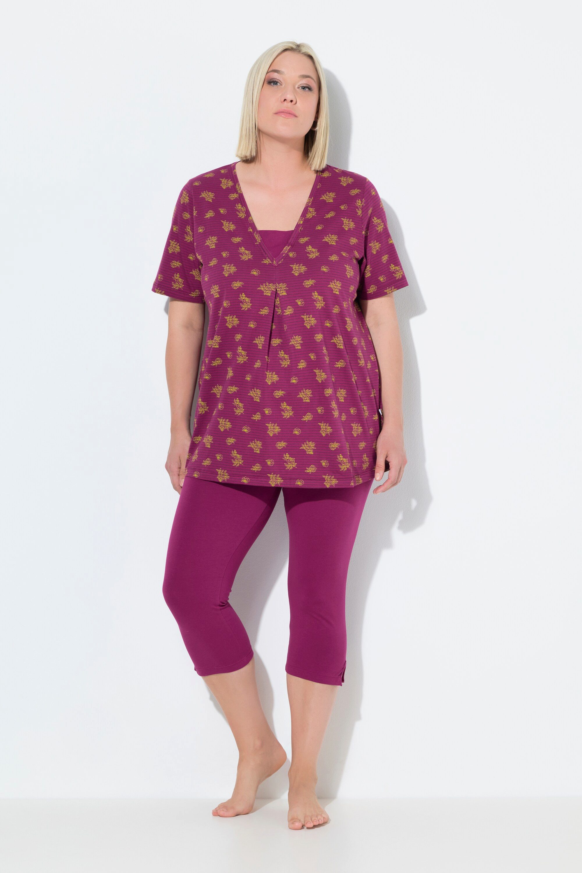 Ulla Popken Pyjama Pyjama V-Ausschnitt Halbarm günstig online kaufen
