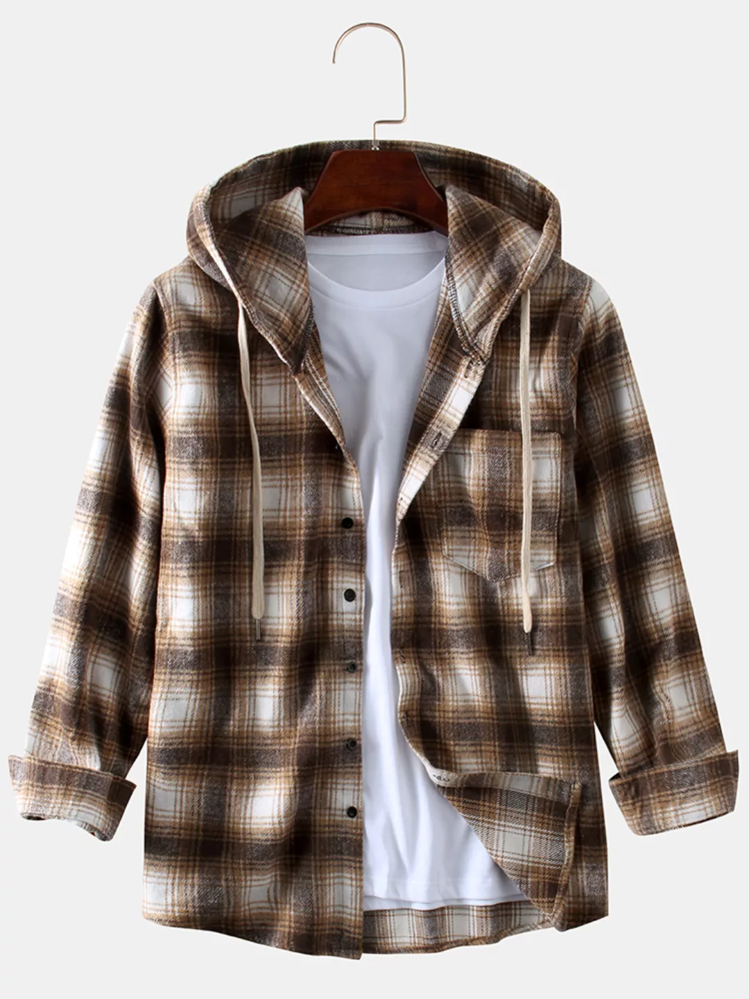 Herren Baumwolle Leinen Plaid Printing Große Größe Casual Hooded Shirt günstig online kaufen