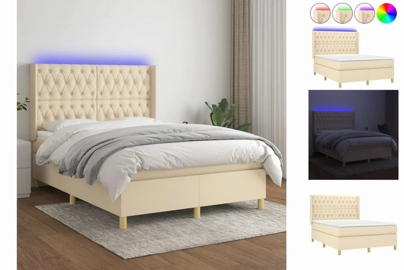 vidaXL Boxspringbett Boxspringbett mit Matratze LED Creme 140x200 cm Stoff günstig online kaufen