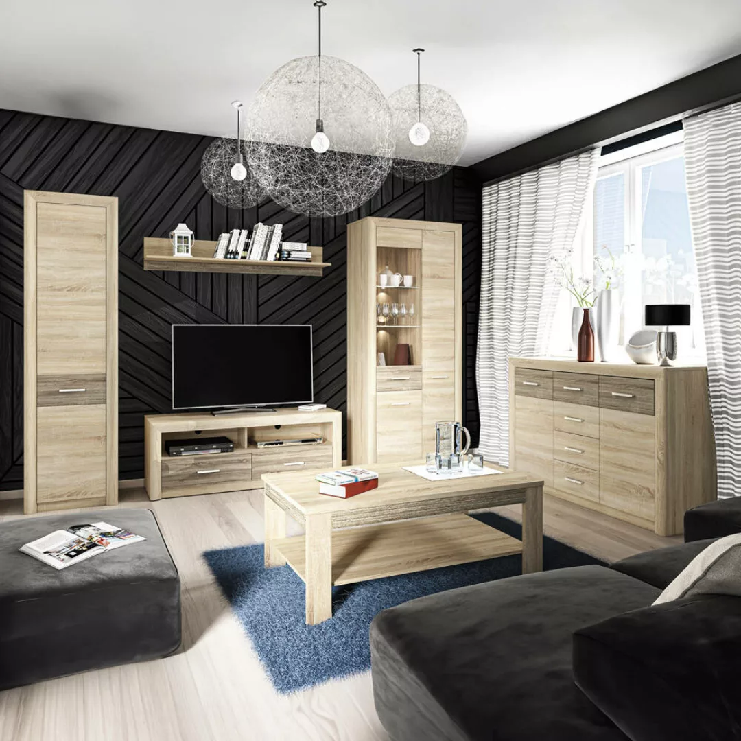 Wohnzimmer Set CORK-131 Kiefer hell 6-teilig mit Couchtisch und Beleuchtung günstig online kaufen