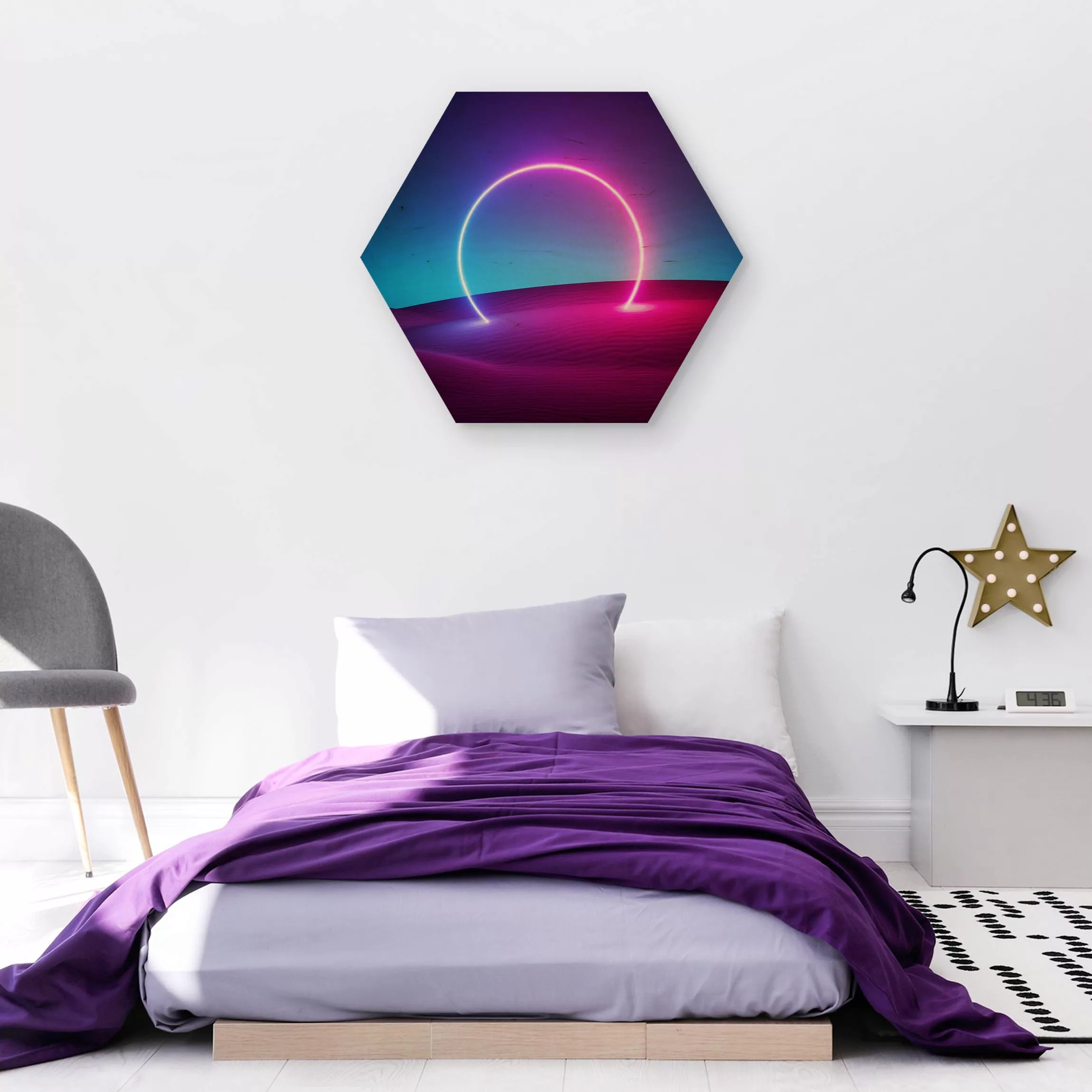 Hexagon-Holzbild Neonlichtkreis im Sand günstig online kaufen