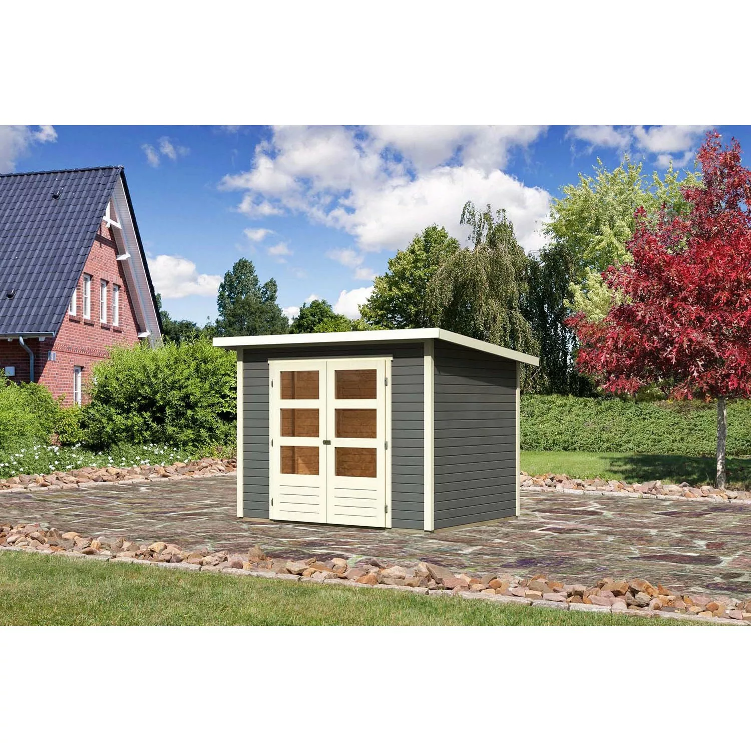 Karibu Holz-Gartenhaus Stockach Terragrau Pultdach Lackiert 242 cm x 182 cm günstig online kaufen