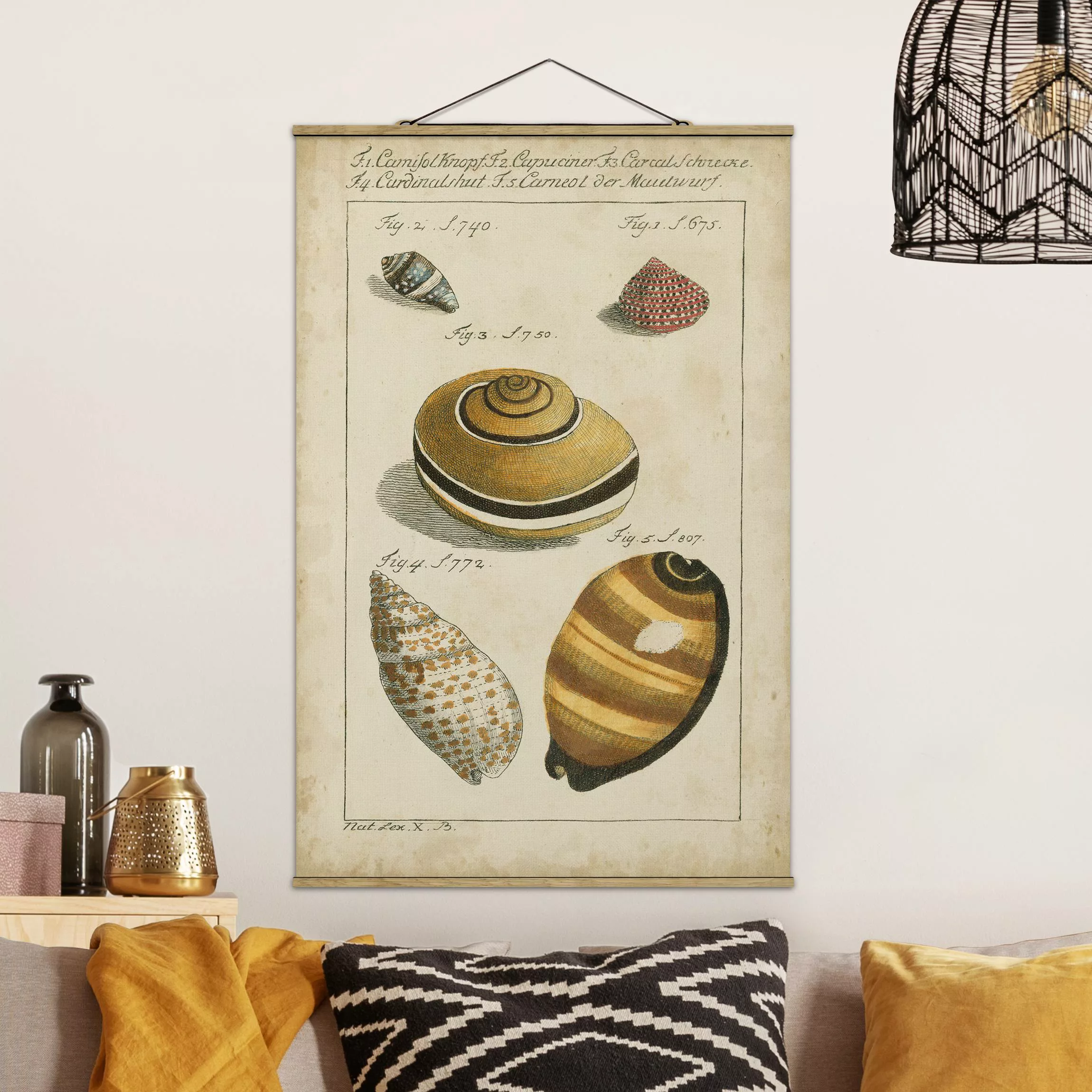 Stoffbild Strand mit Posterleisten - Hochformat Vintage Schnecken Zeichnung günstig online kaufen