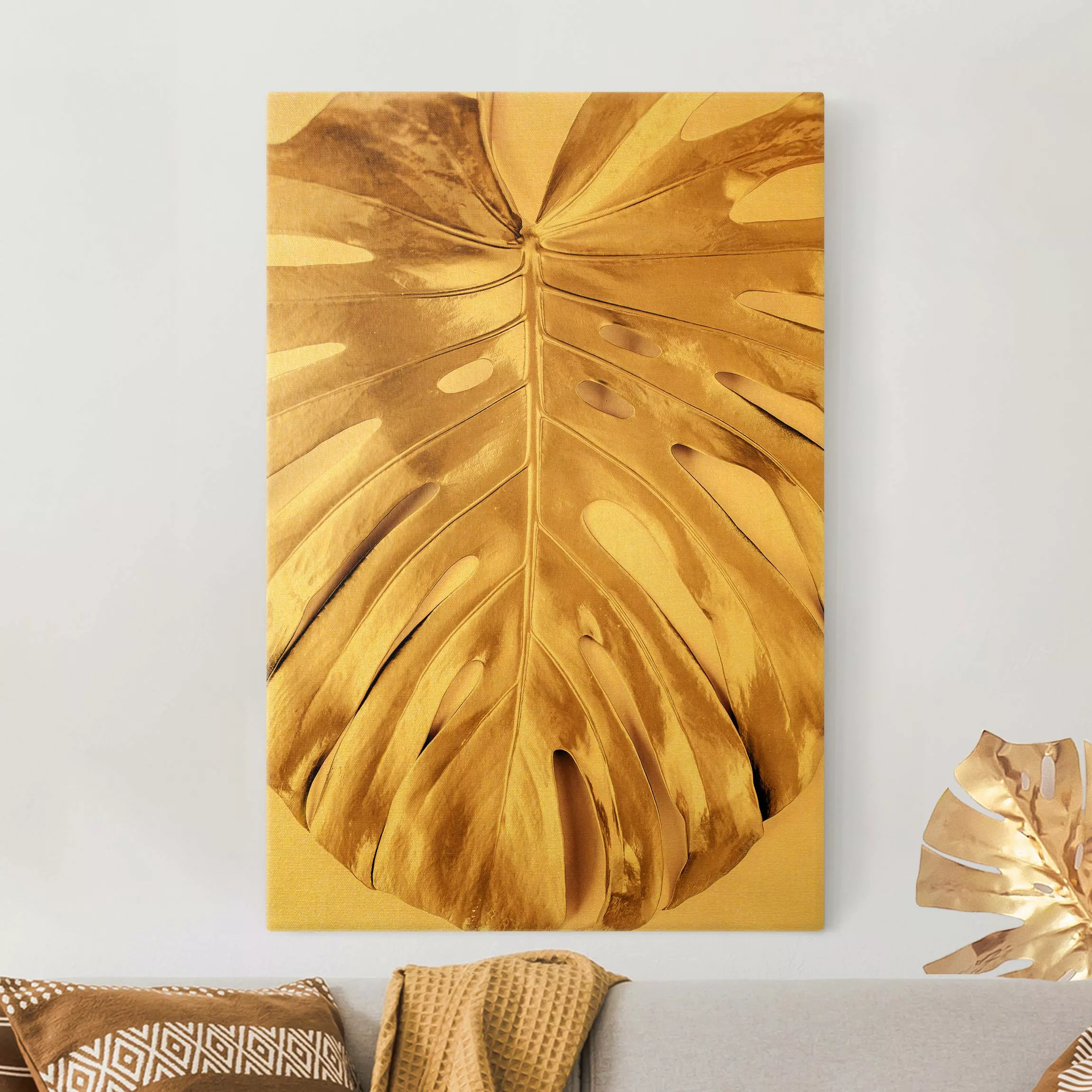 Leinwandbild Gold Goldenes Monsterablatt auf Rosa günstig online kaufen