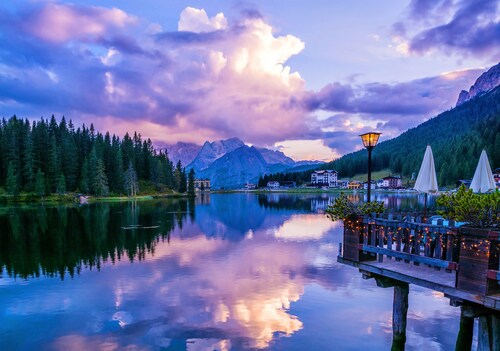 Papermoon Fototapete »MISURENA SEE-DOLOMITEN GEBIRGE ALPEN DORF TIROL WALD« günstig online kaufen