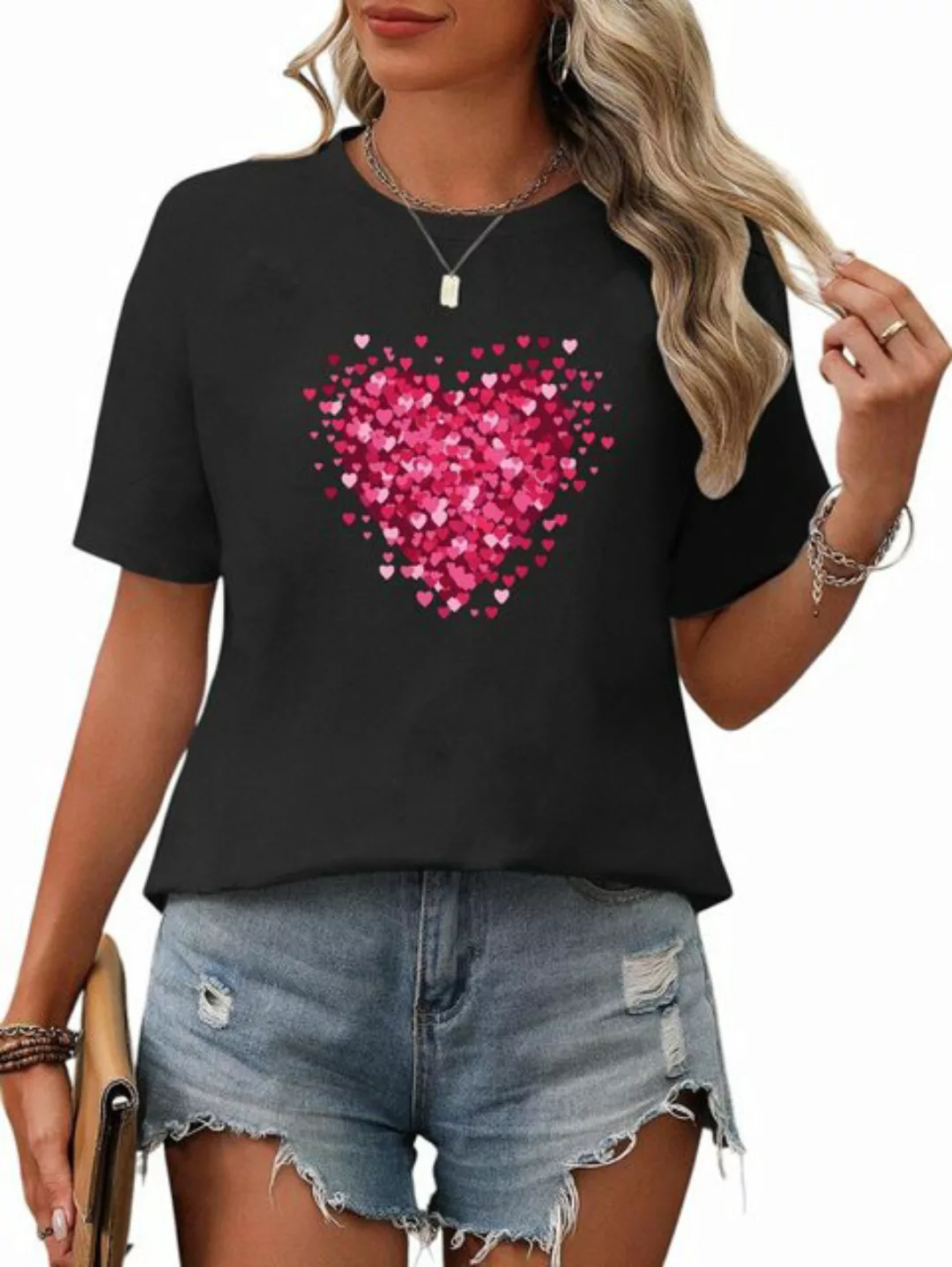 PYL Print-Shirt Damen Casual Valentinstag Kurzarmshirt mit Herz Druck günstig online kaufen