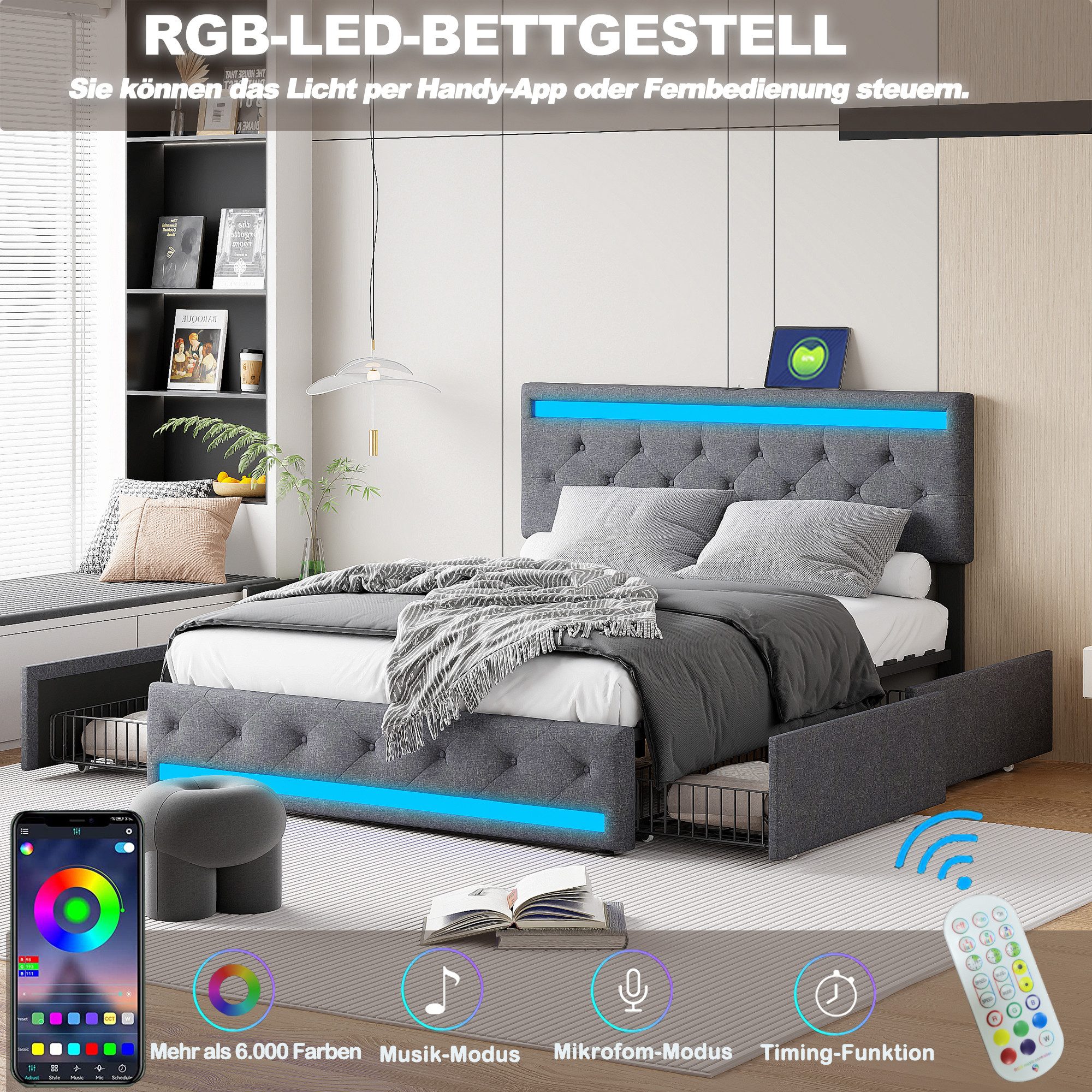 FUROKOY Polsterbett Doppelbett Stauraumbett mit 4 günstig online kaufen