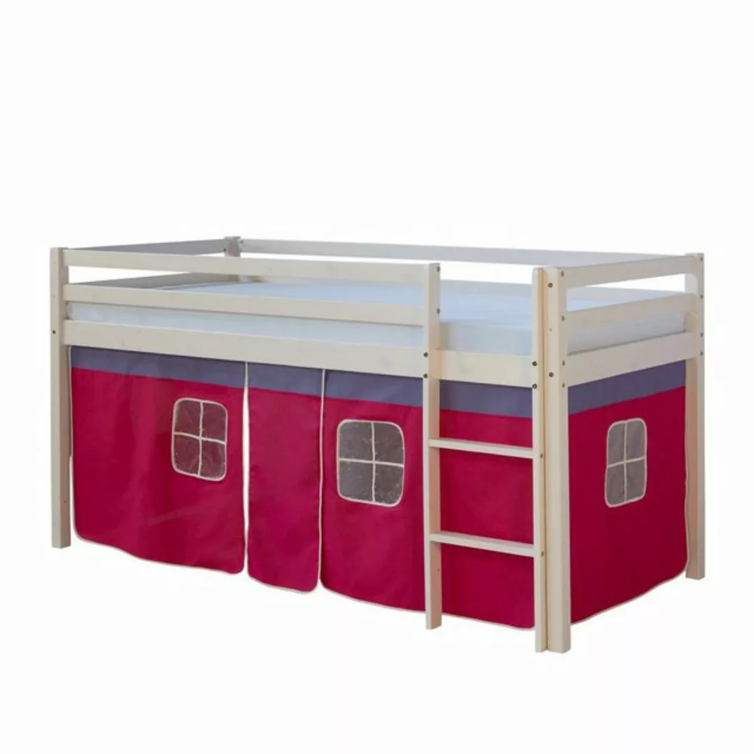 Homestyle4u Hochbett 90x200 cm Kinderbett Weiß Kiefer Spielbett mit Vorhang günstig online kaufen