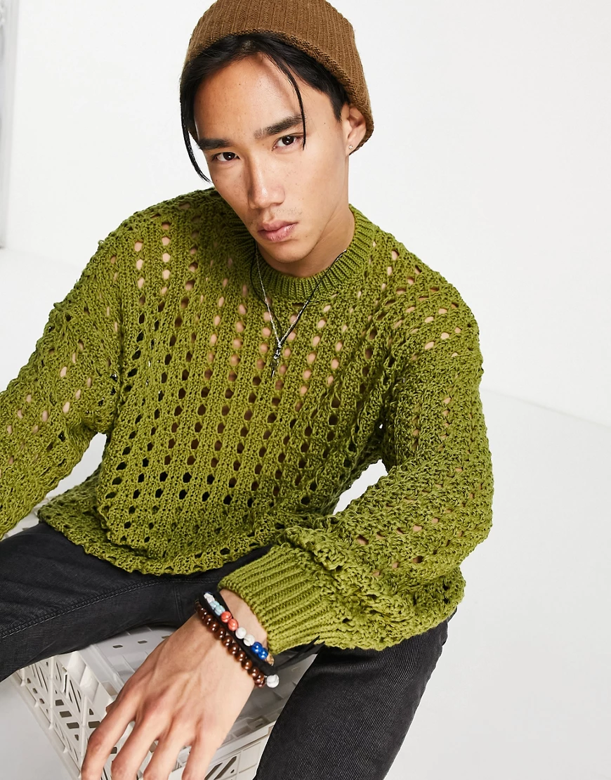 ASOS DESIGN – Gestrickter Pointelle-Pullover in dunklem Limettengrün günstig online kaufen