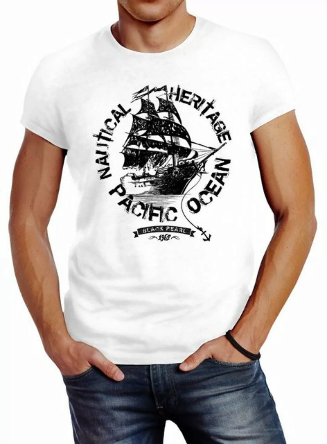 Neverless Print-Shirt Herren T-Shirt Segelschiff Piratenschiff Slim Fit Nev günstig online kaufen