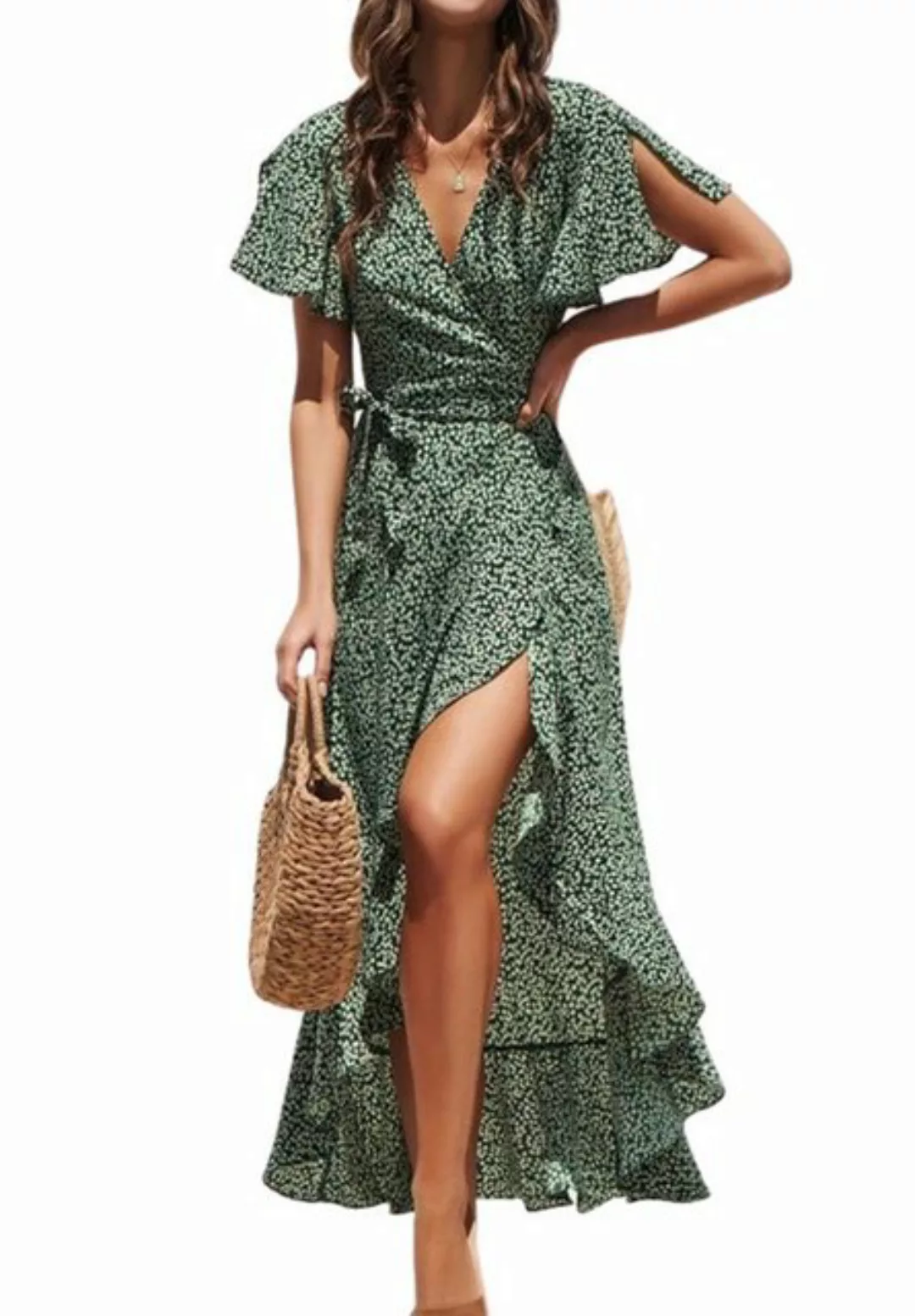 Opspring Sommerkleid Damen Kleid V Ausschnitt Kurzarm High Low Wickelkleid günstig online kaufen