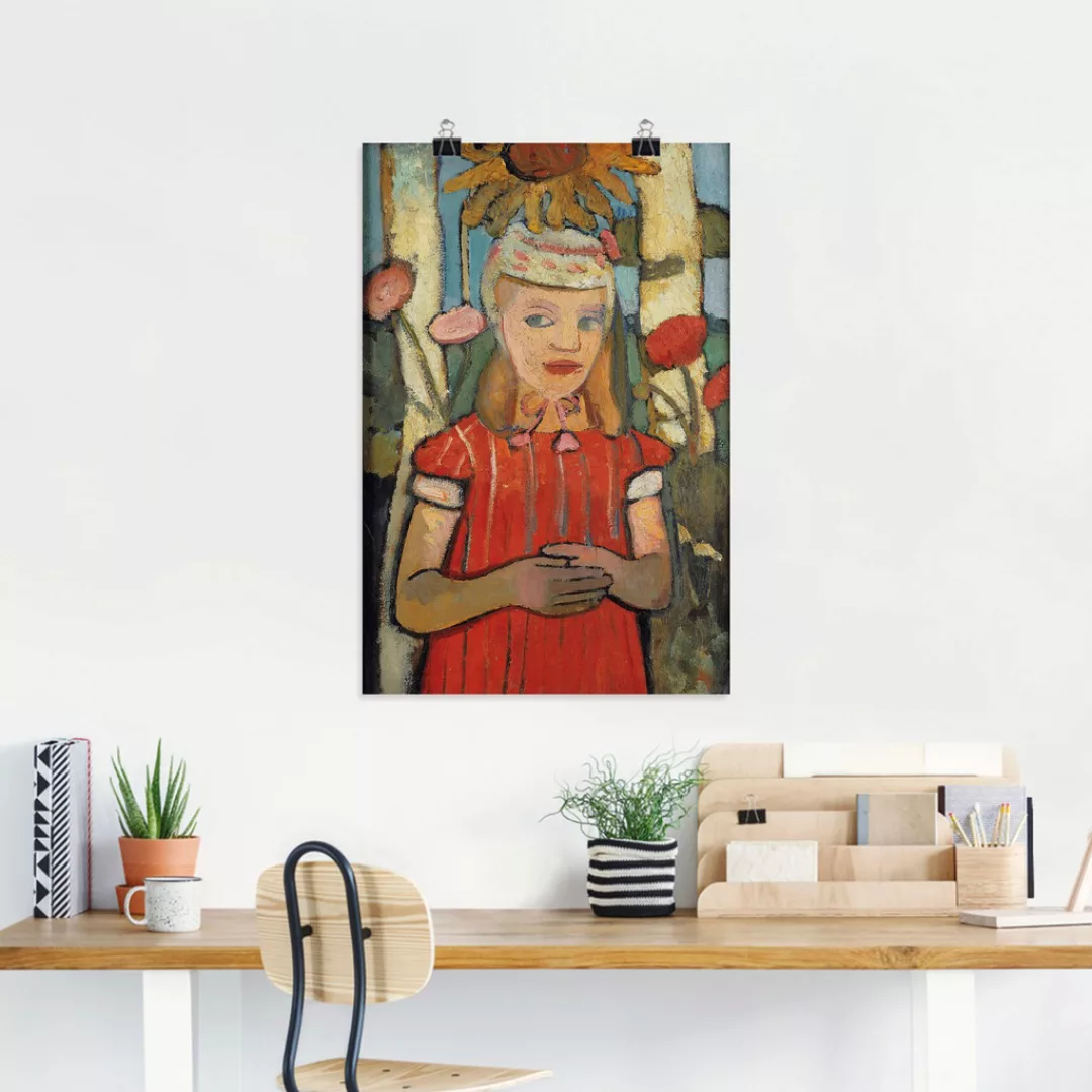 Artland Kunstdruck "Mädchen in rotem Kleid vor Sonnenblume.", Bilder von Ki günstig online kaufen