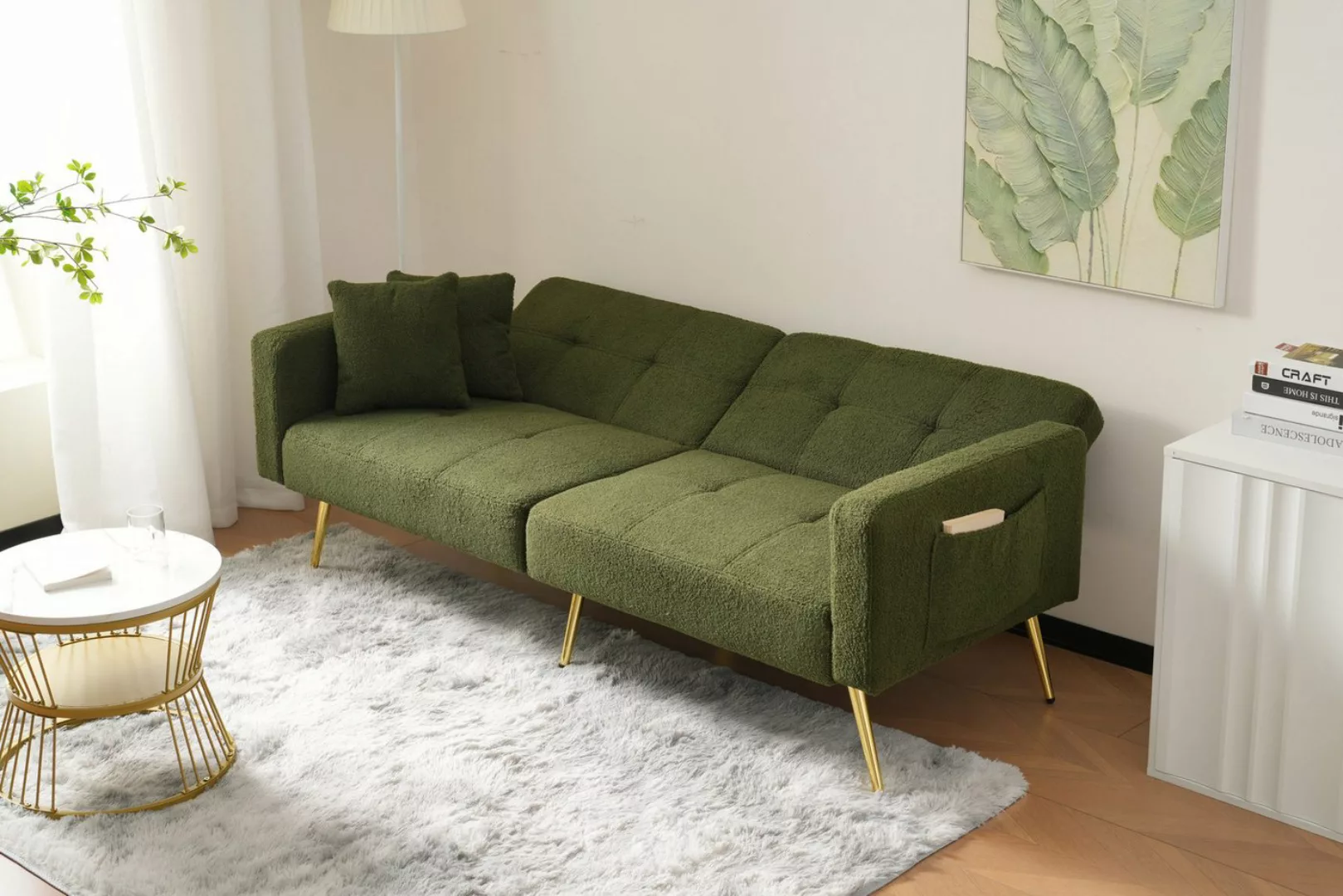 Ulife Schlafsofa mit Winkel, goldenen Beinen, Kissen und seitlichen Taschen günstig online kaufen