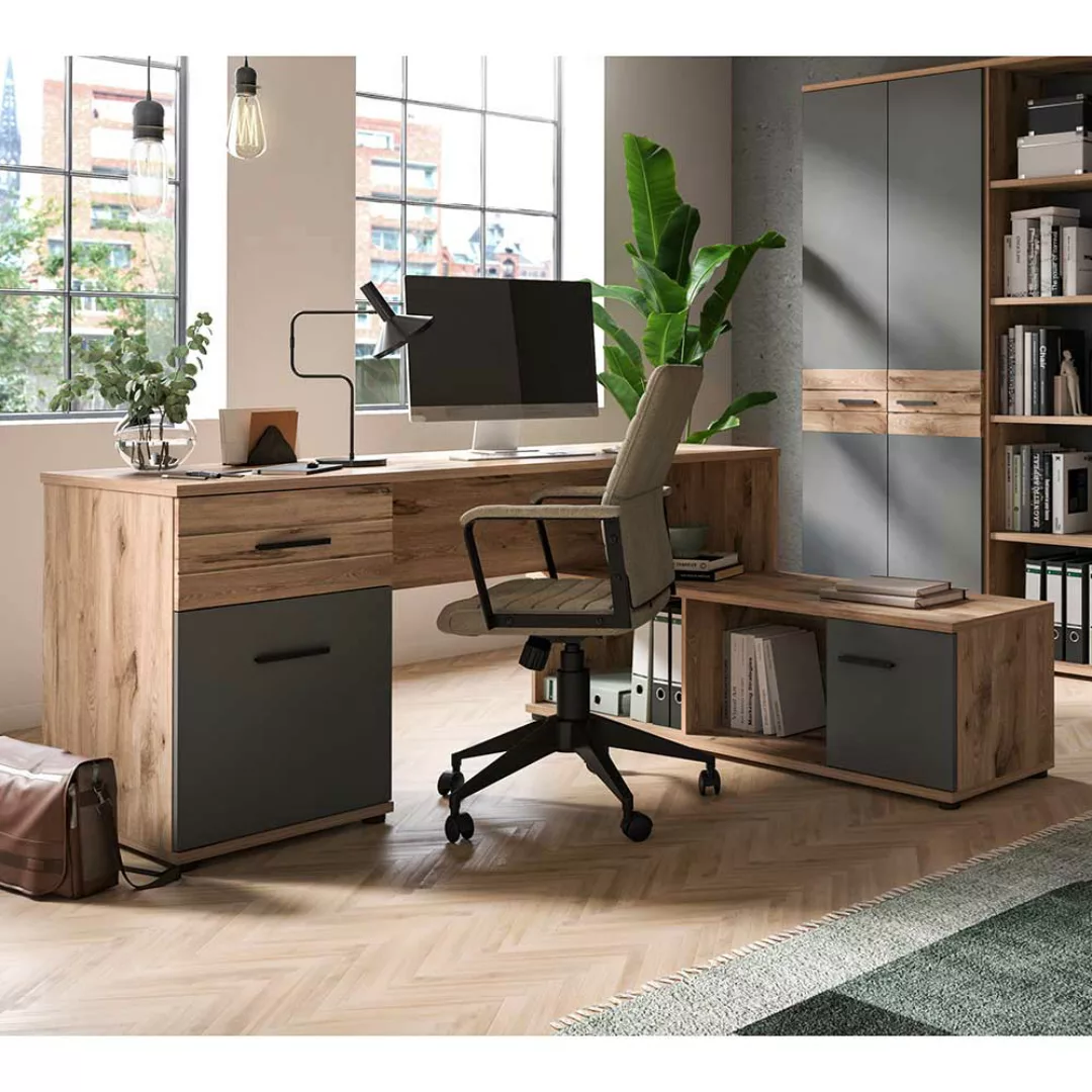 Bürotisch mit Schrankelement in Grau und Wildeiche NB 170 cm breit günstig online kaufen
