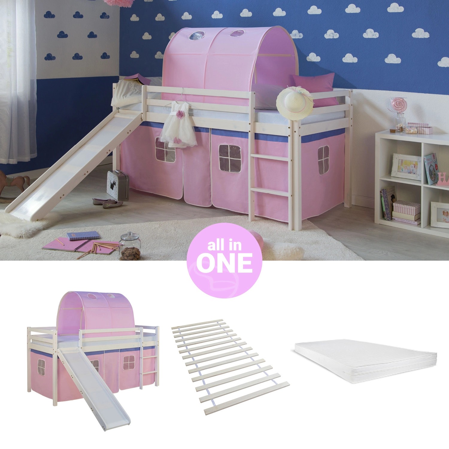 Homestyle4u Hochbett 90x200 mit Vorhang Lattenrost Matratze Rutsche Tunnel günstig online kaufen