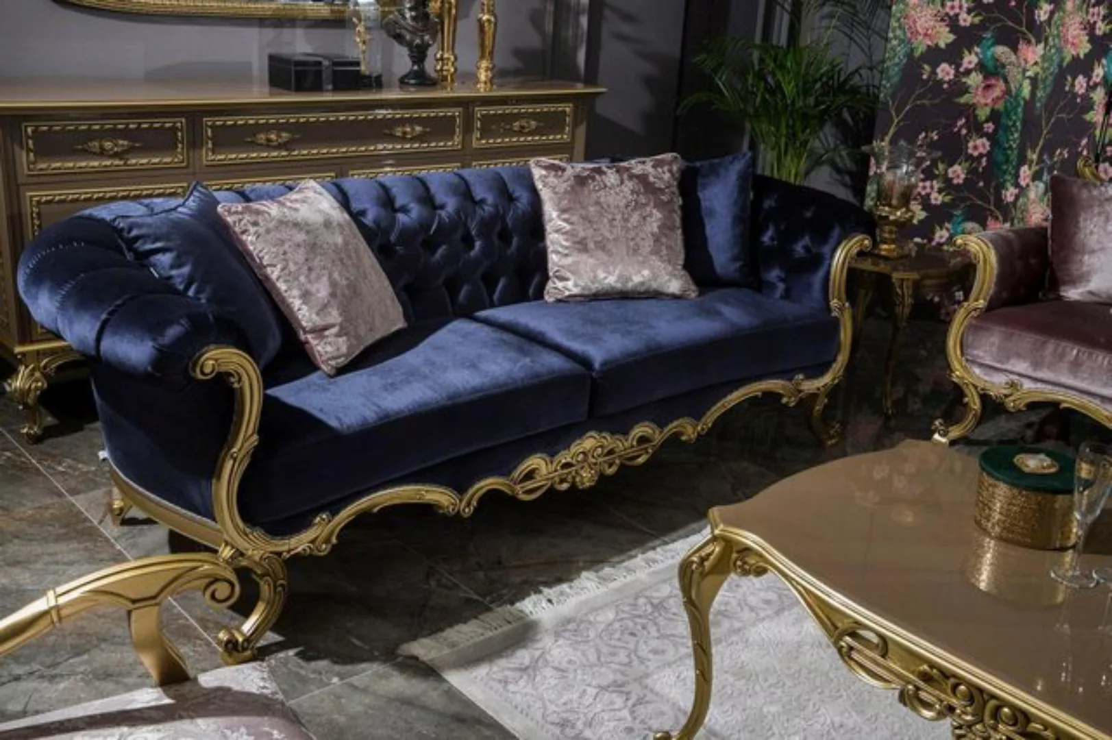 Xlmoebel Sofa Dreisitzer Luxus-Sofa in Blauem Samtstoff von Chesterfield, H günstig online kaufen